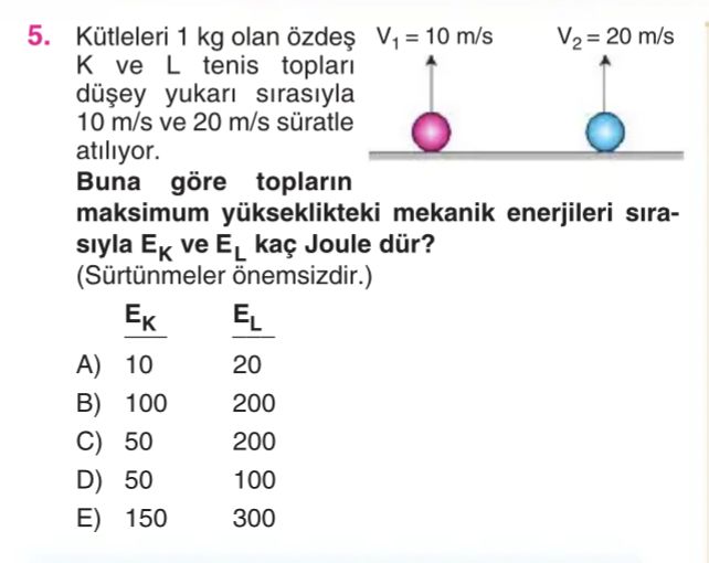 Kütleleri 1 kg olan özdeş K ve L tenis topları düşey yukarı sırasıyla 10 m/s ve 20 m/s süratle