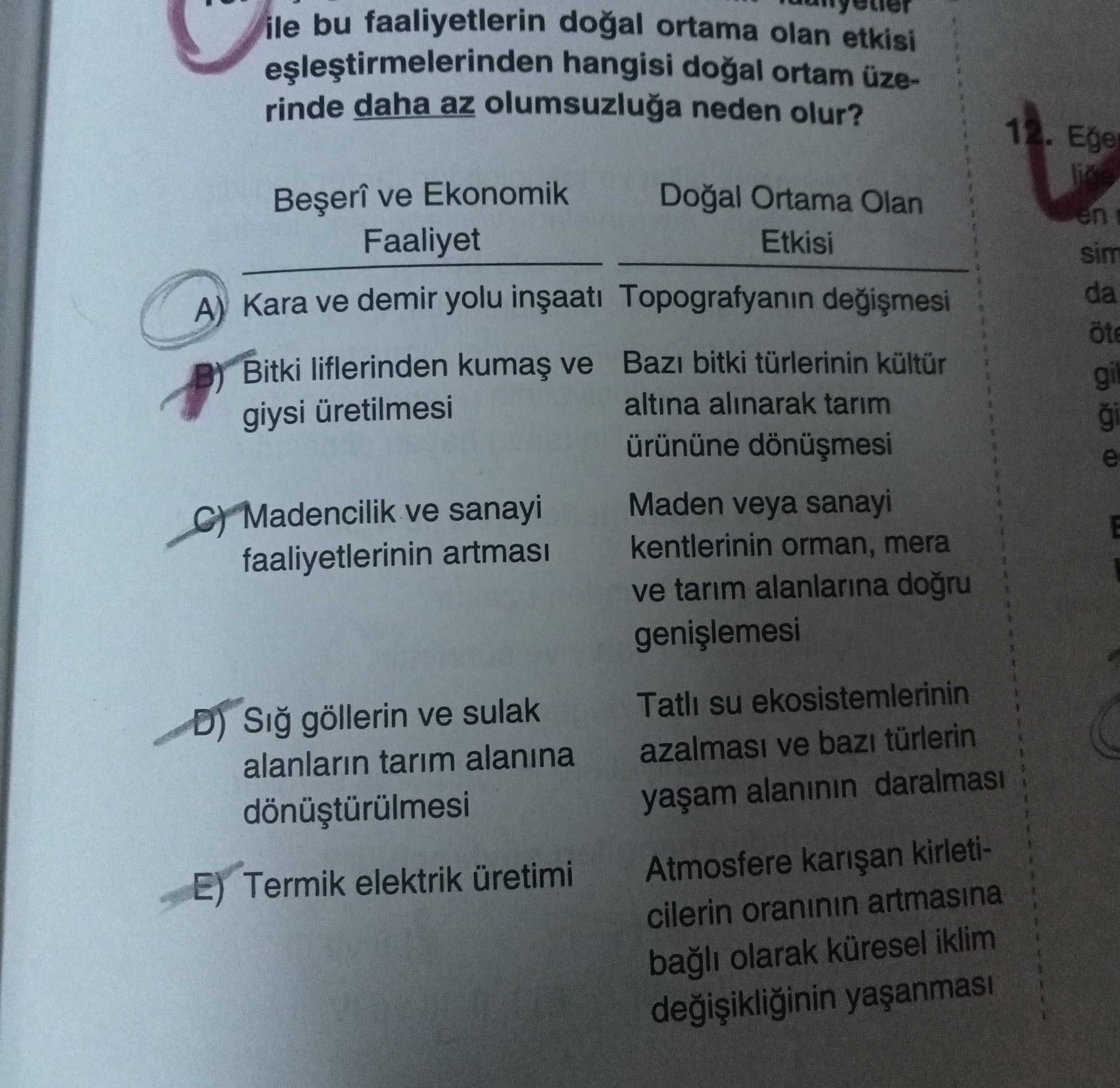 ... faaliyetler ile bu faaliyetlerin doğal ortama olan etkisi eşleştirmelerinden hangisi doğal ortam üzerinde daha az
