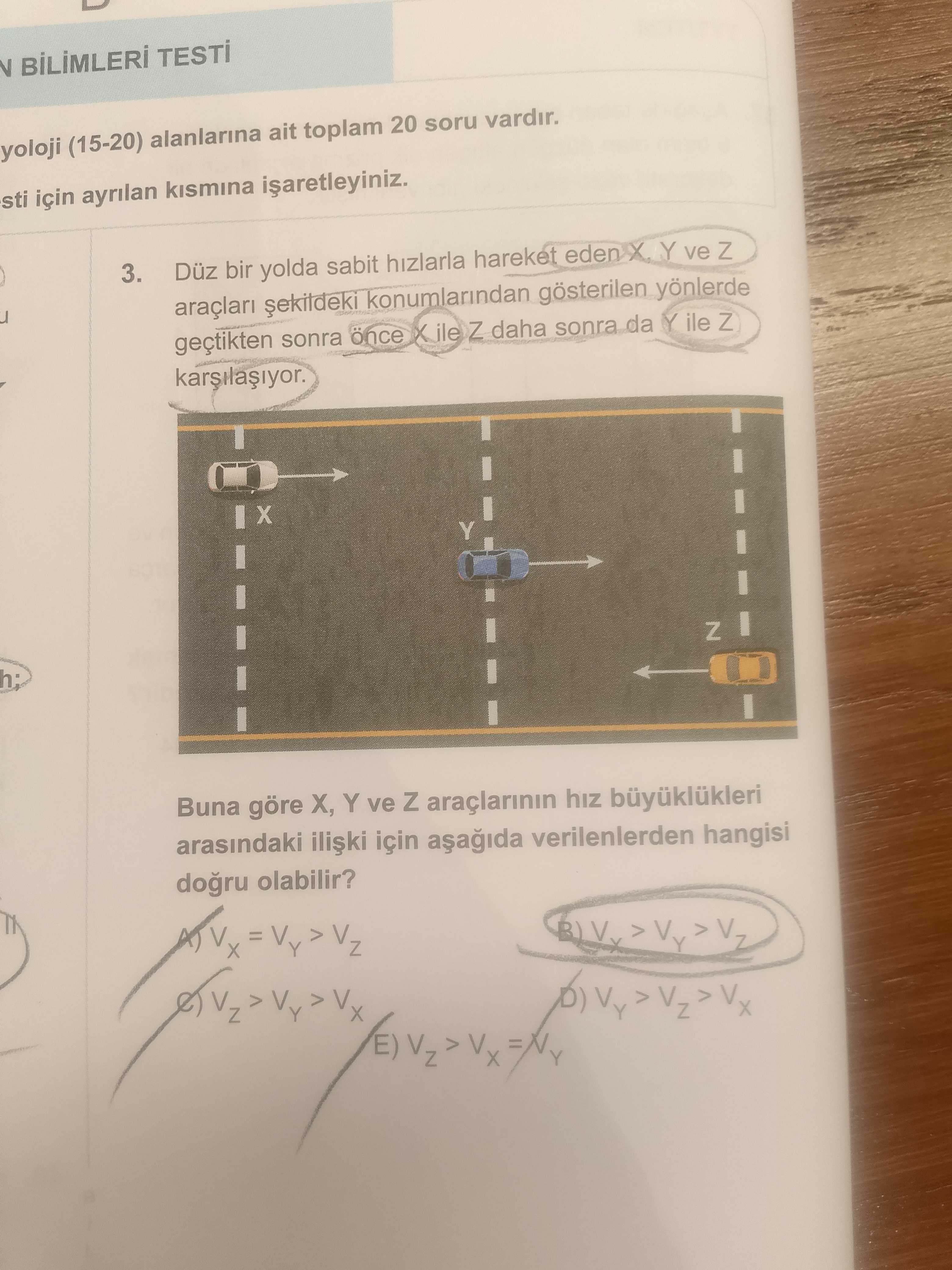 Düz bir yolda sabit hızlarla hareket eden X, Y ve Z araçları şekildeki konumlarından gösterilen