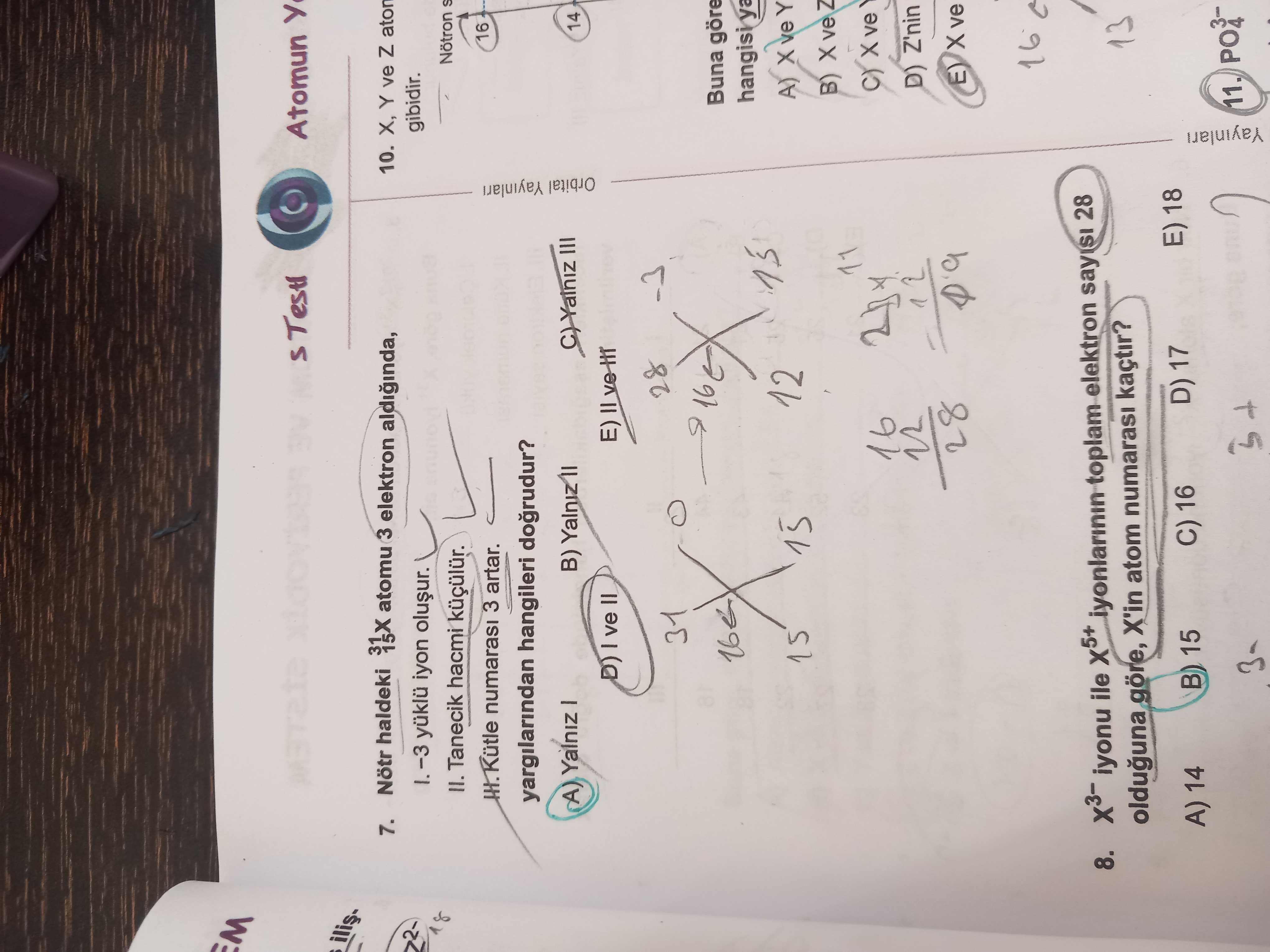 Nötr haldeki ³¹₁₅X atomu 3 elektron aldığında, I. –3 yüklü iyon oluşur. II. Tanecik hacmi küçülür