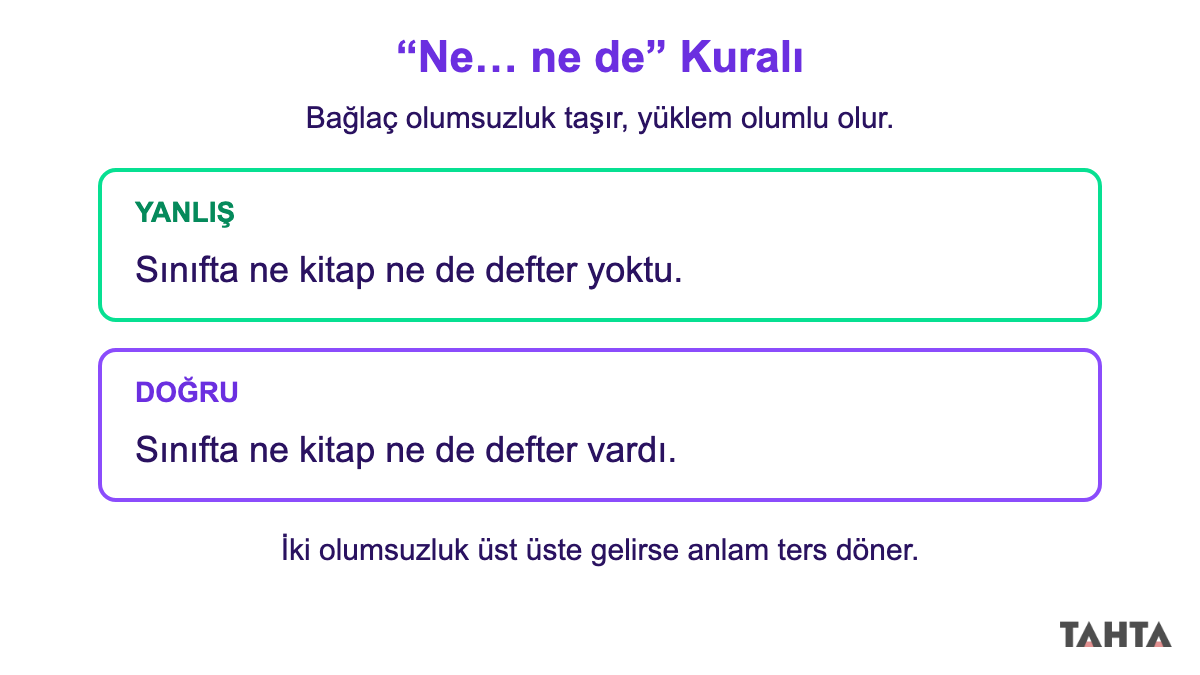 Ne ne de bağlacıyla kurulan cümlede yüklemin olumlu olması gerektiğini gösteren yanlış ve doğru cümle kutuları