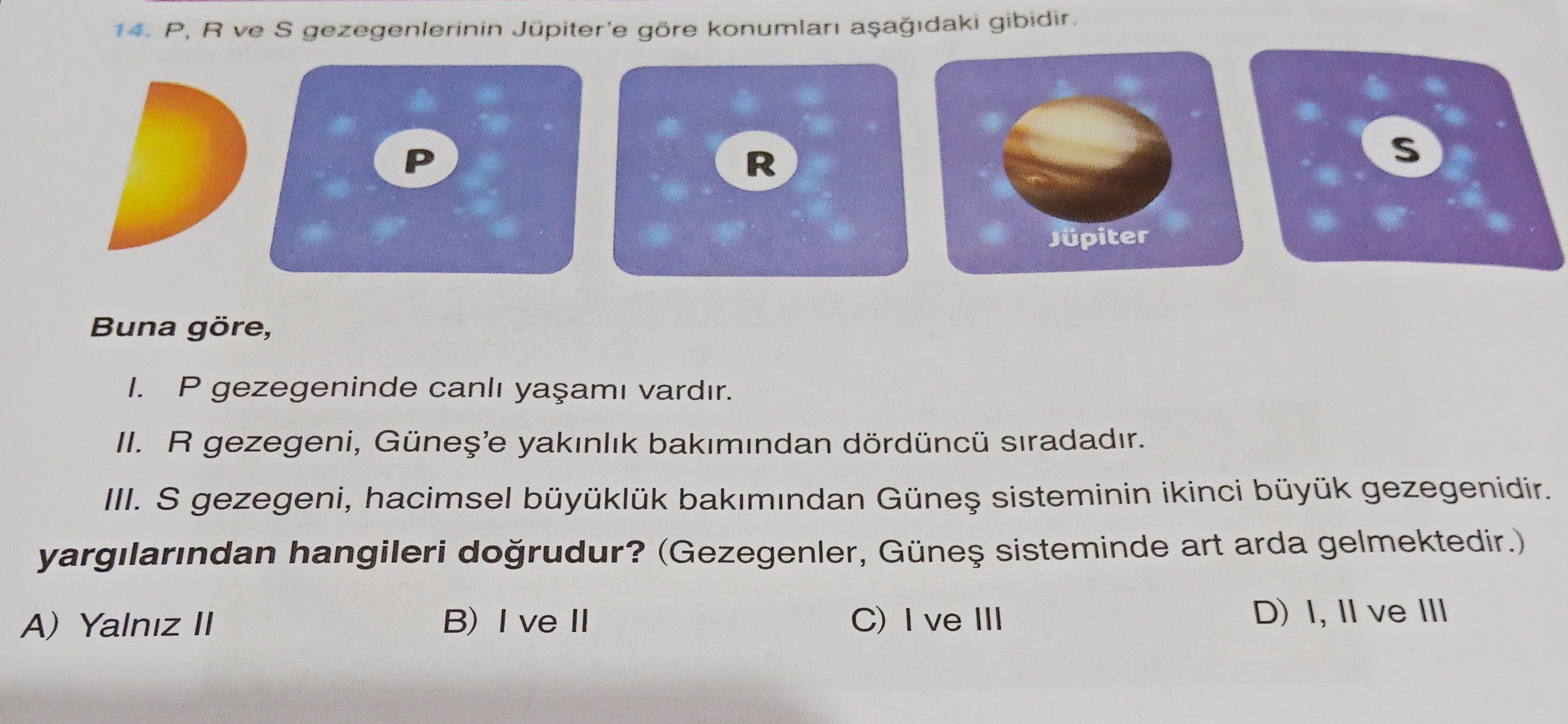 P, R ve S gezegenlerinin Jüpiter'e göre konumları aşağıdaki gibidir. Buna göre, I. P gezegeninde