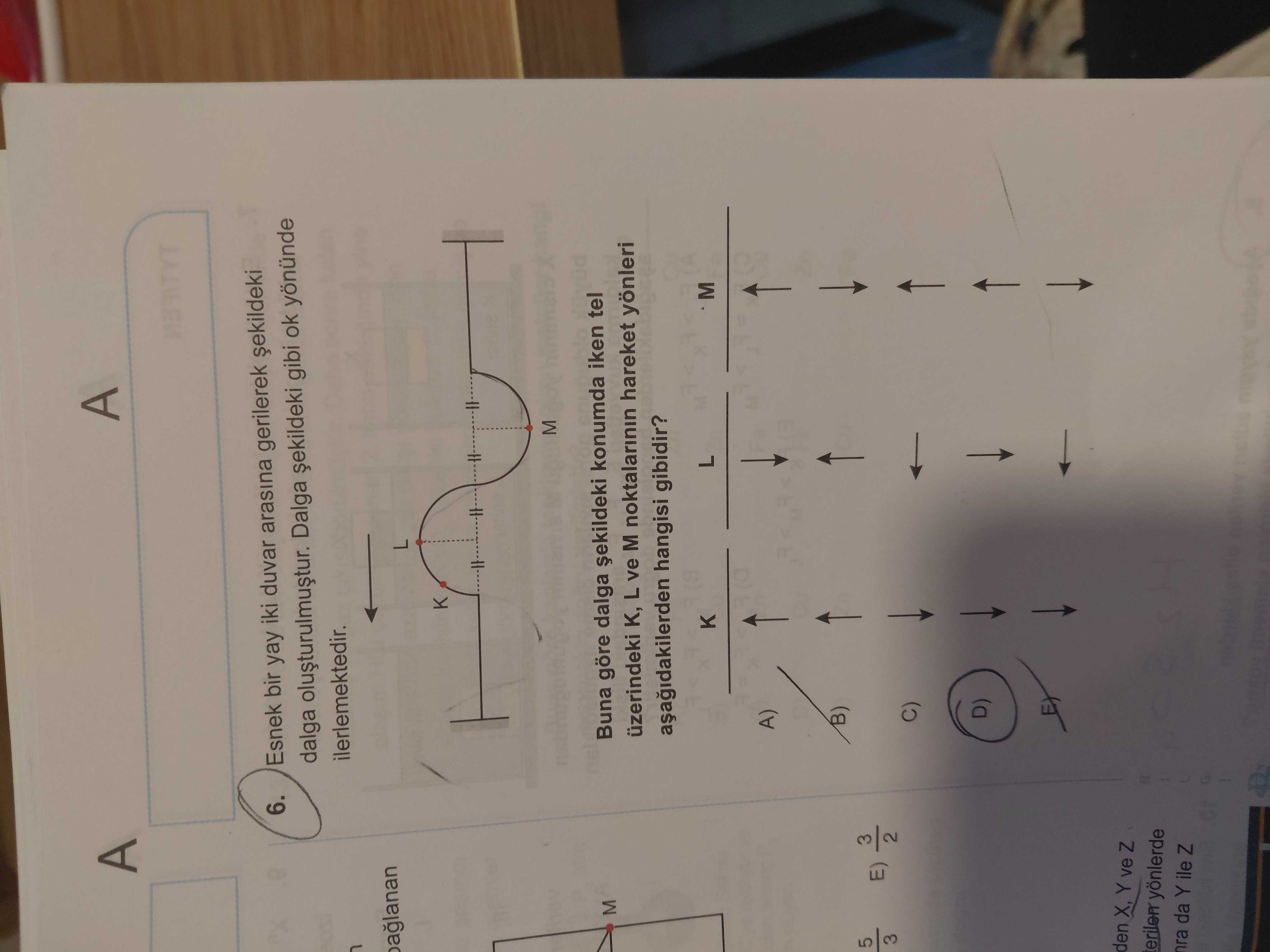 Esnek bir yay iki duvar arasına gerilerek şekildeki dalga oluşturulmuştur. Dalga şekildeki gibi ok