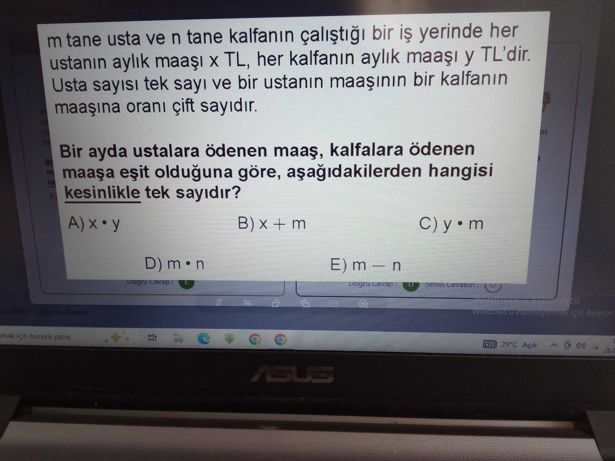 m tane usta ve n tane kalfanın çalıştığı bir iş yerinde her ustanın aylık maaşı x TL, her kalfanın aylık maaşı y TL'dir. Usta
