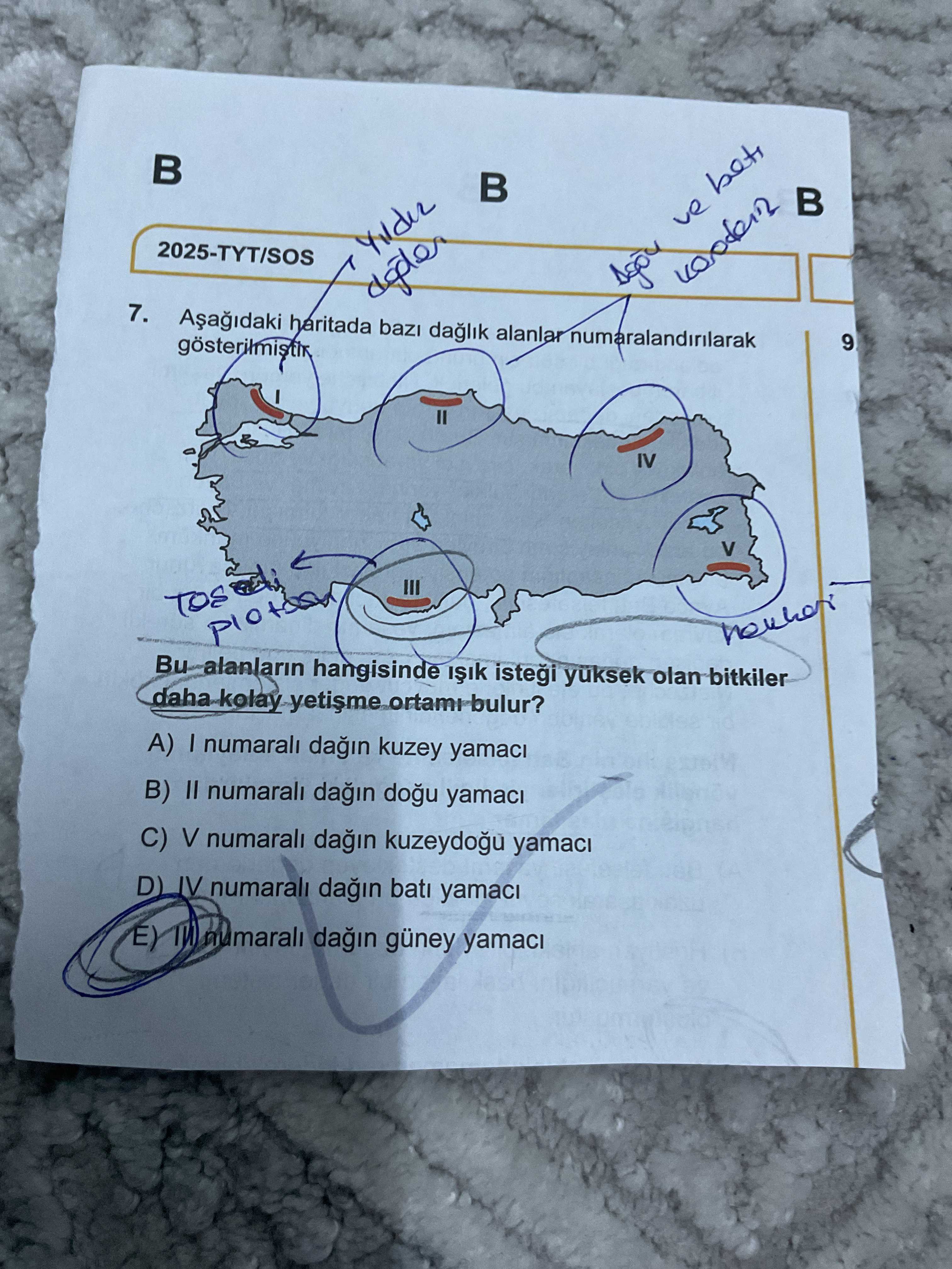 Aşağıdaki haritada bazı dağlık alanlar numaralandırılarak gösterilmiştir. Bu alanların hangisinde
