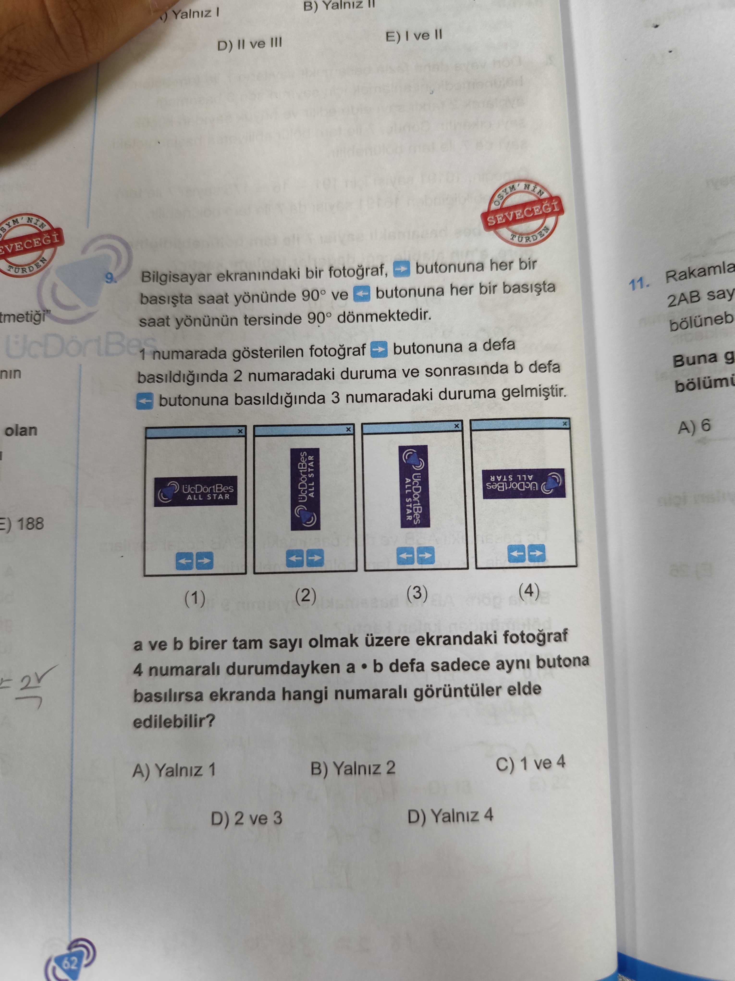 Bilgisayar ekranındaki bir fotoğraf, → butonuna her bir basışta saat yönünde 90° ve ← butonuna her