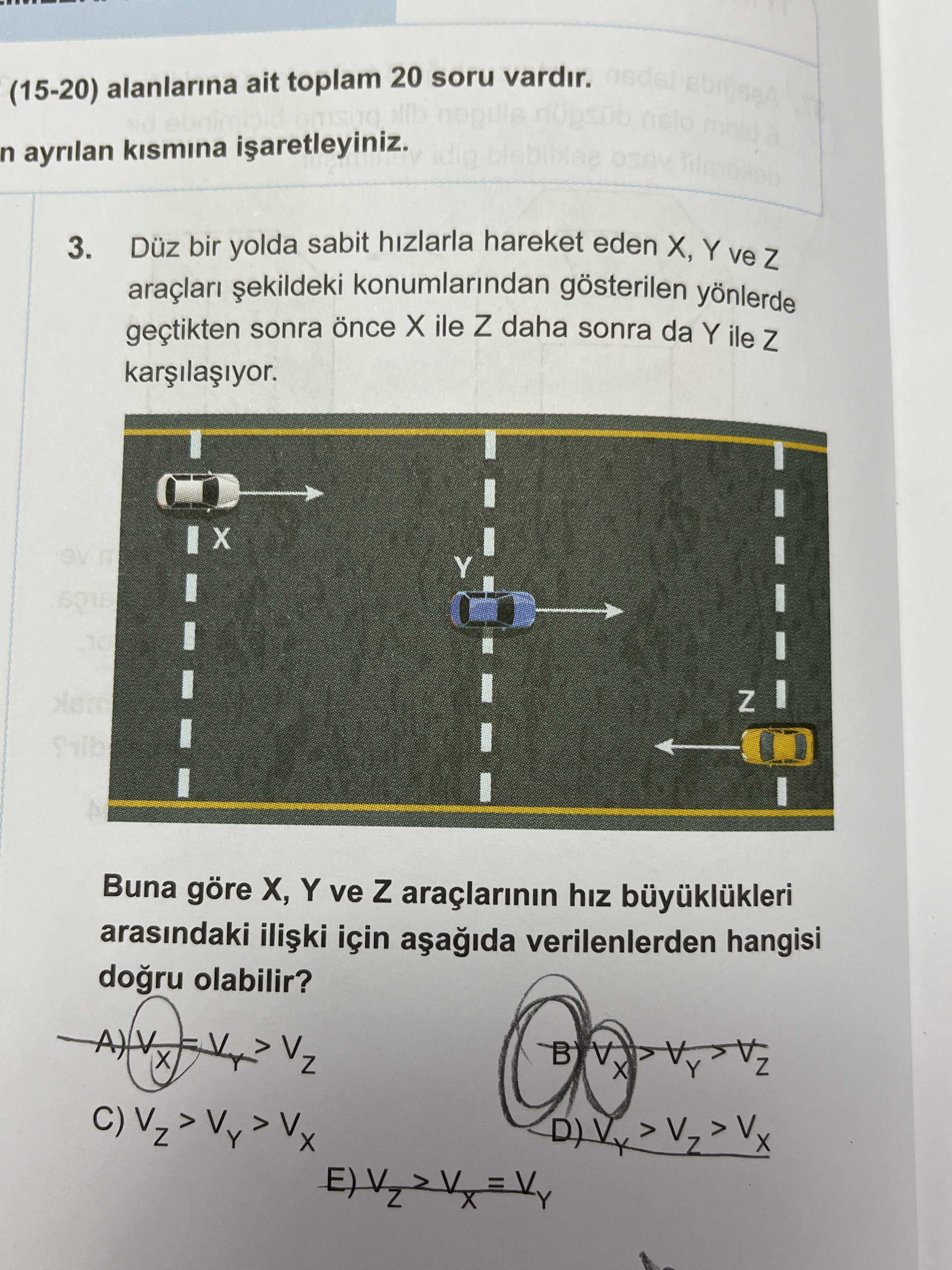 Düz bir yolda sabit hızlarla hareket eden X, Y ve Z araçları şekildeki konumlarından gösterilen
