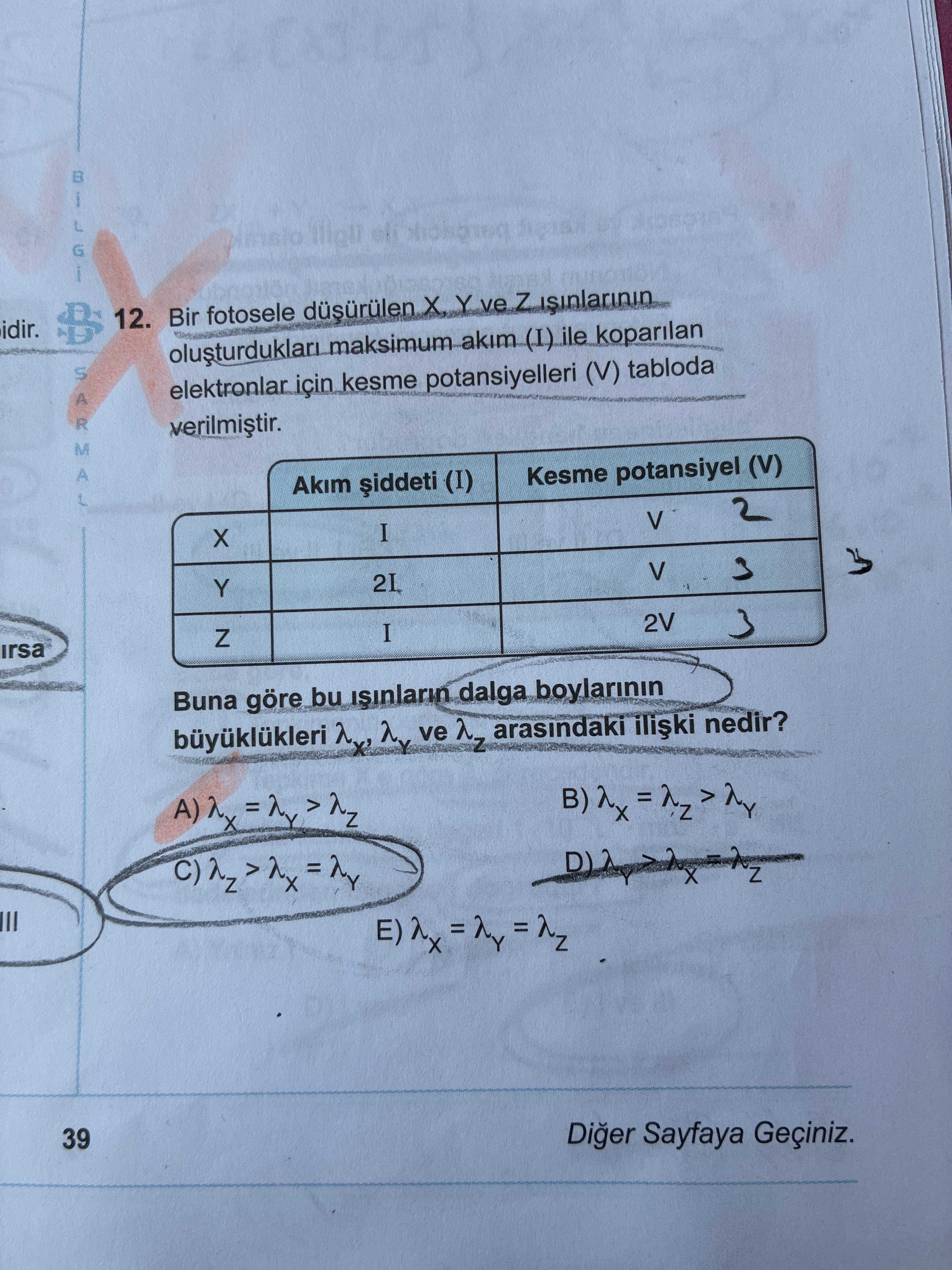 Bir fotosele düşürülen X, Y ve Z ışınlarının oluşturdukları maksimum akım (I) ile koparılan