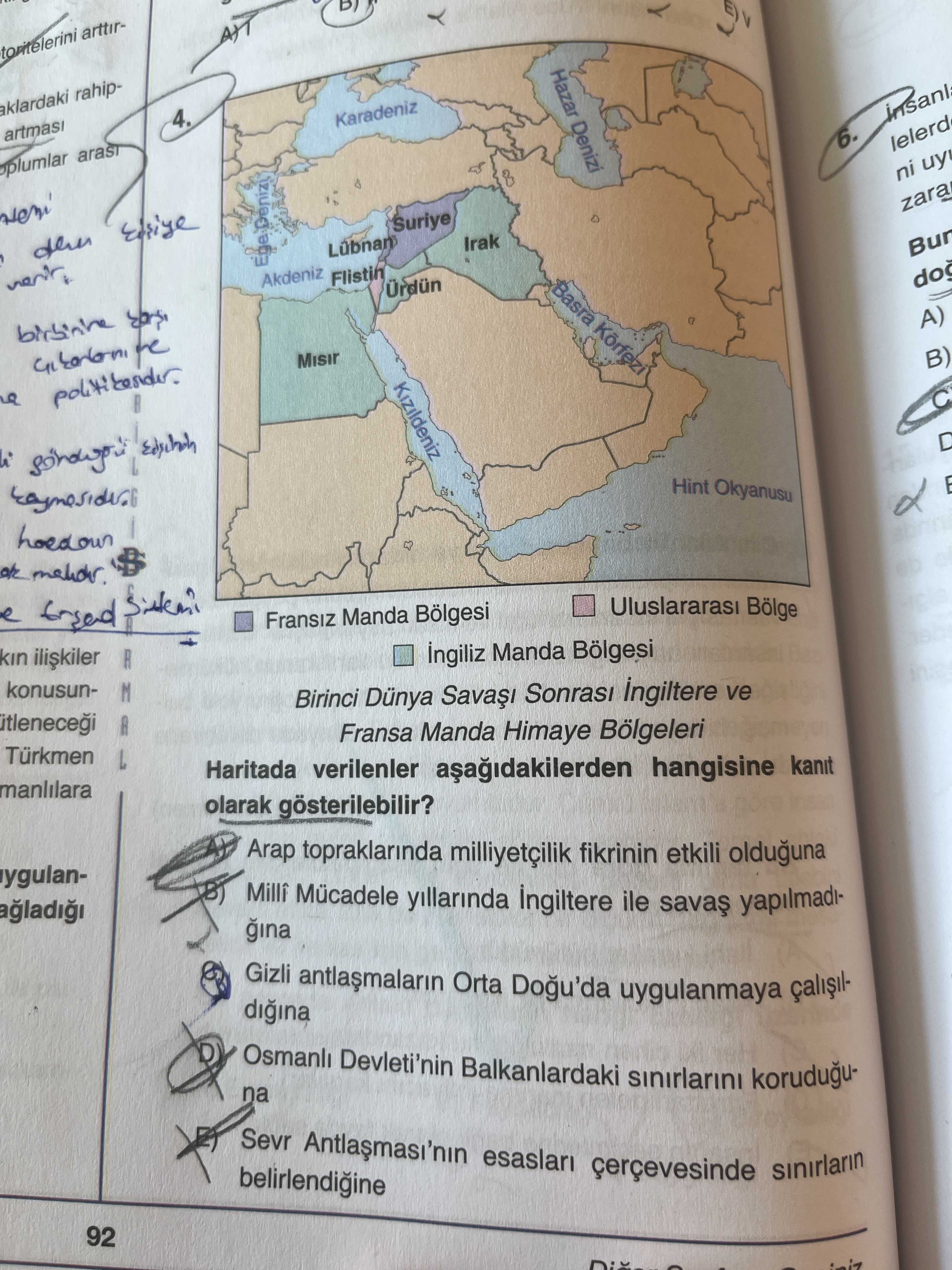Birinci Dünya Savaşı Sonrası İngiltere ve Fransa Manda Himaye Bölgeleri Haritada verilenler