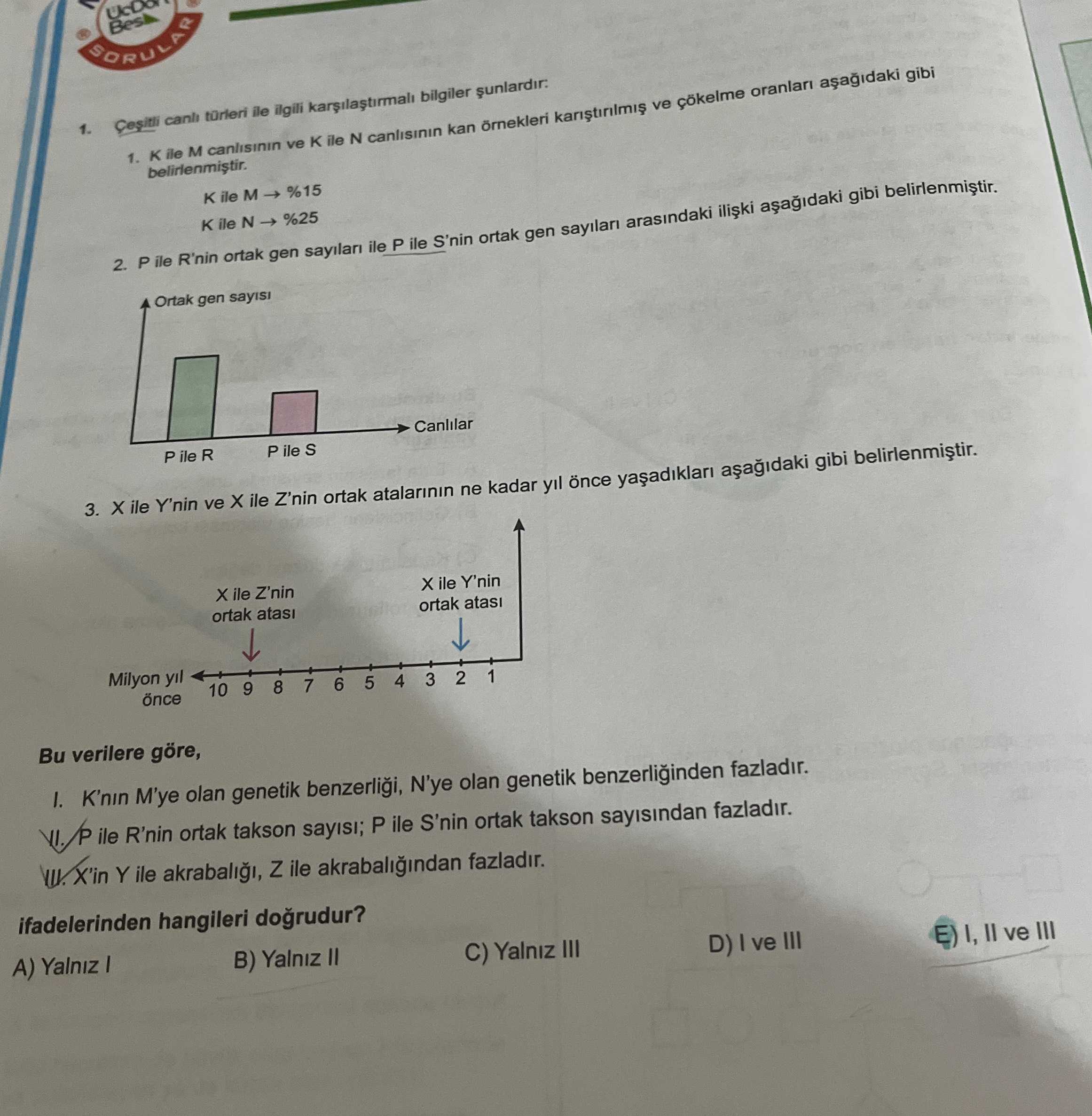 Çeşitli canlı türleri ile ilgili karşılaştırmalı bilgiler şunlardır: 1. K ile M canlısının ve K ile