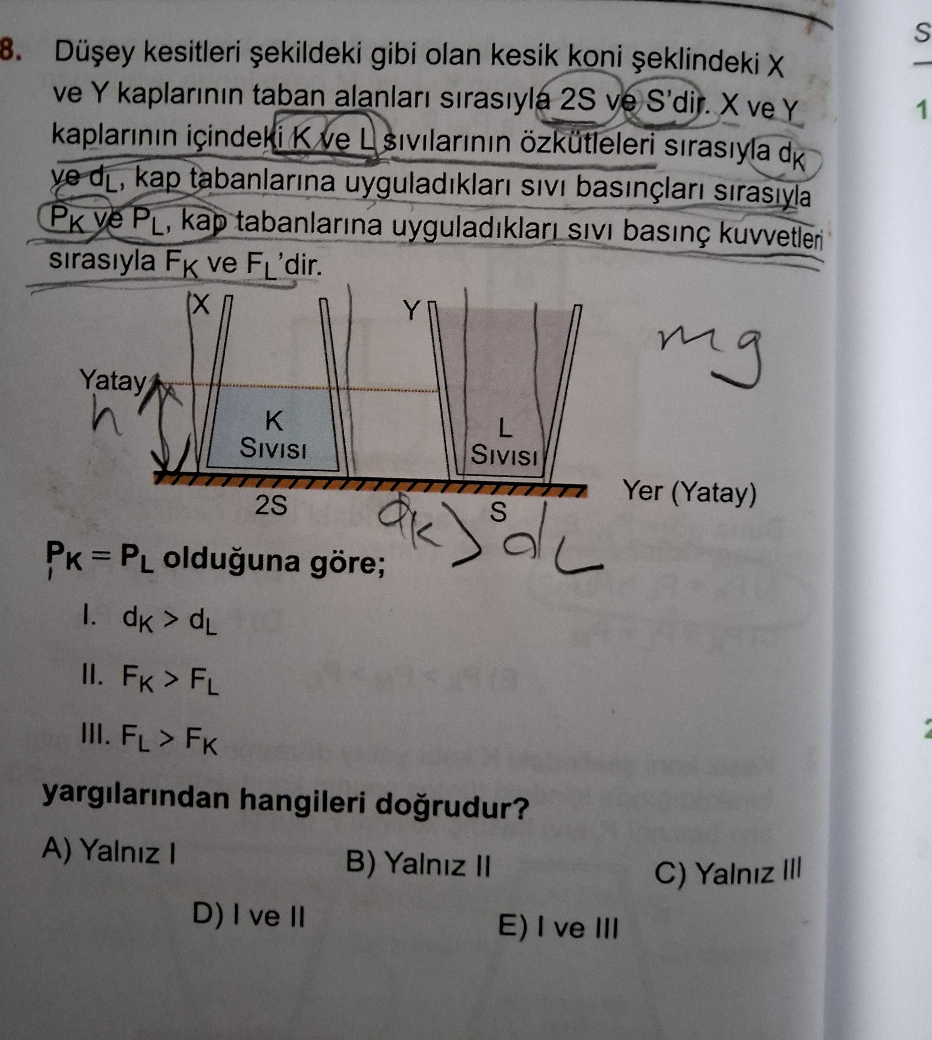 Düşey kesitleri şekildeki gibi olan kesik koni şeklindeki X ve Y kaplarının taban alanları sırasıyla