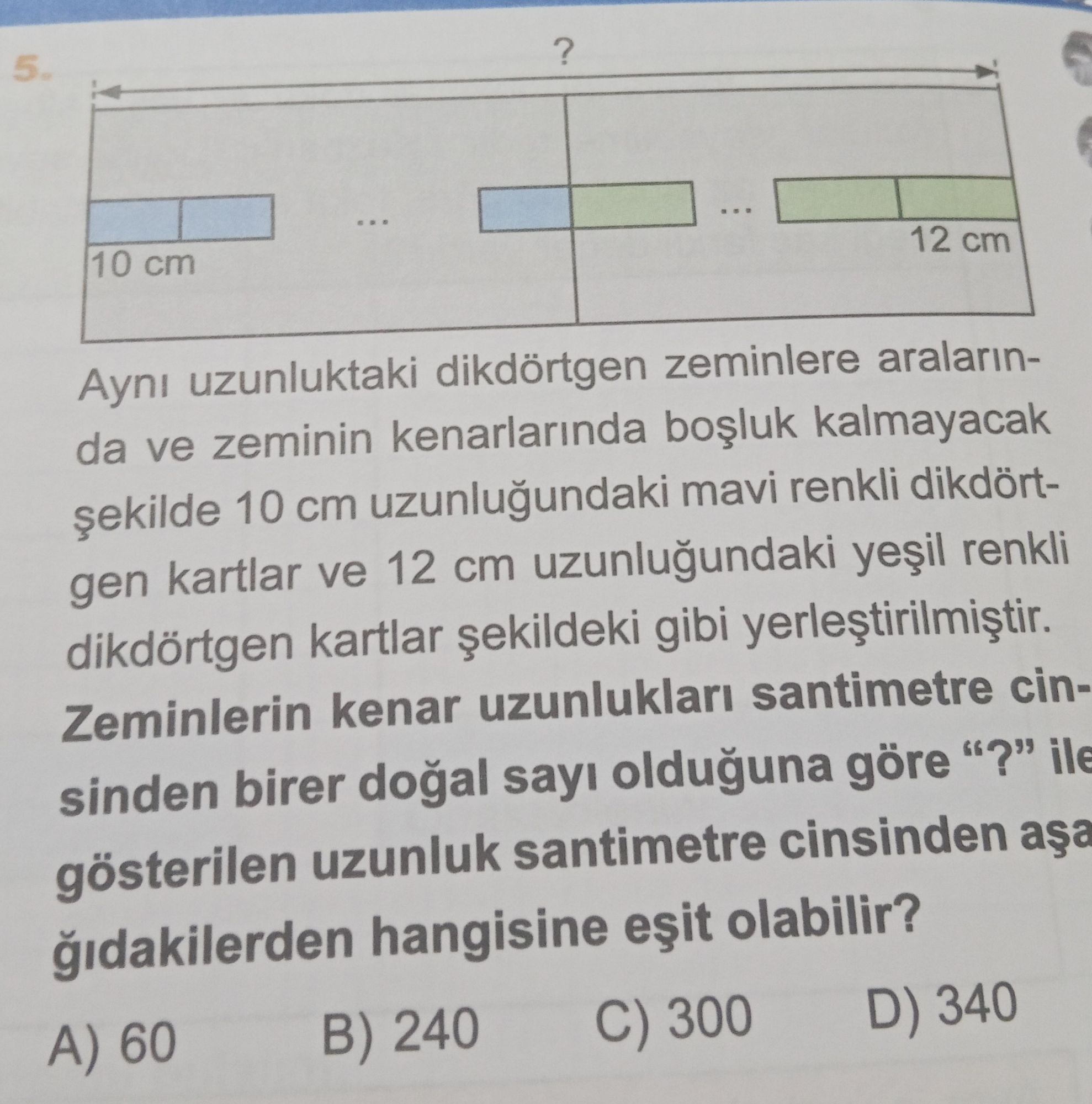 Aynı uzunluktaki dikdörtgen zeminlere aralarında ve zeminin kenarlarında boşluk kalmayacak şekilde