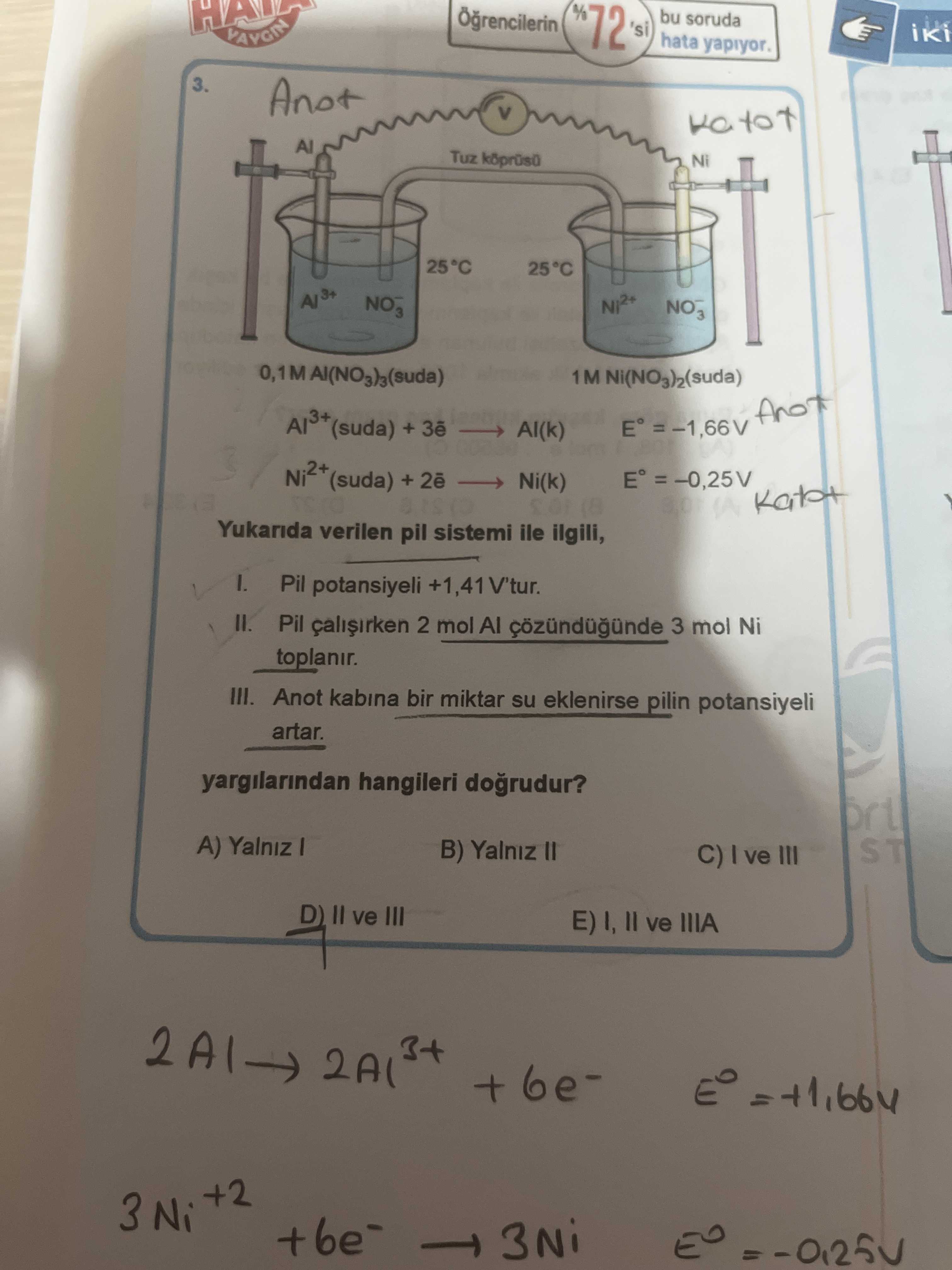 Al³⁺(suda) + 3ē ⟶ Al(k) E° = −1,66 V Ni²⁺(suda) + 2ē ⟶ Ni(k) E° = −0,25 V Yukarıda verilen pil