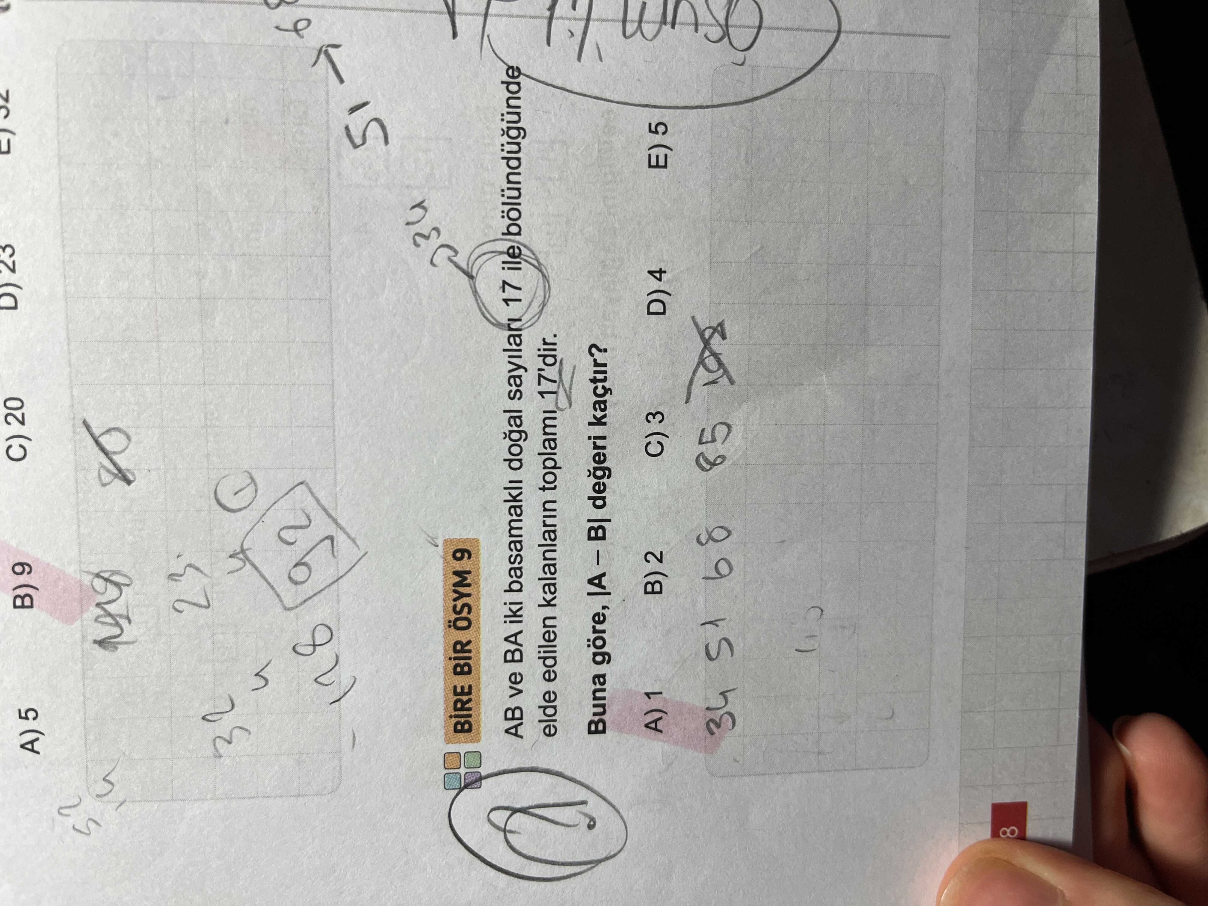 AB ve BA iki basamaklı doğal sayıları 17 ile bölündüğünde elde edilen kalanların toplamı 17'dir
