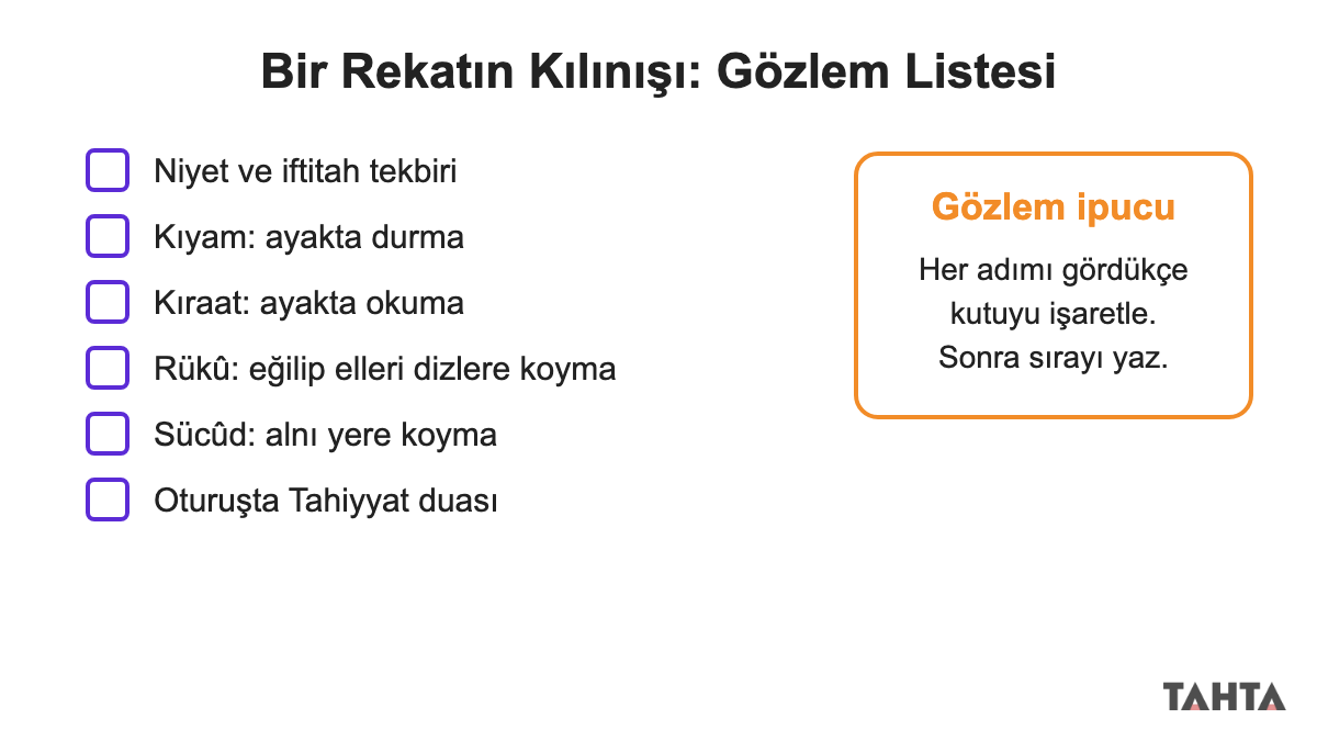 Bir rekatın kılınışını adım adım işaretlemek için kutucuklu 5. sınıf gözlem listesi