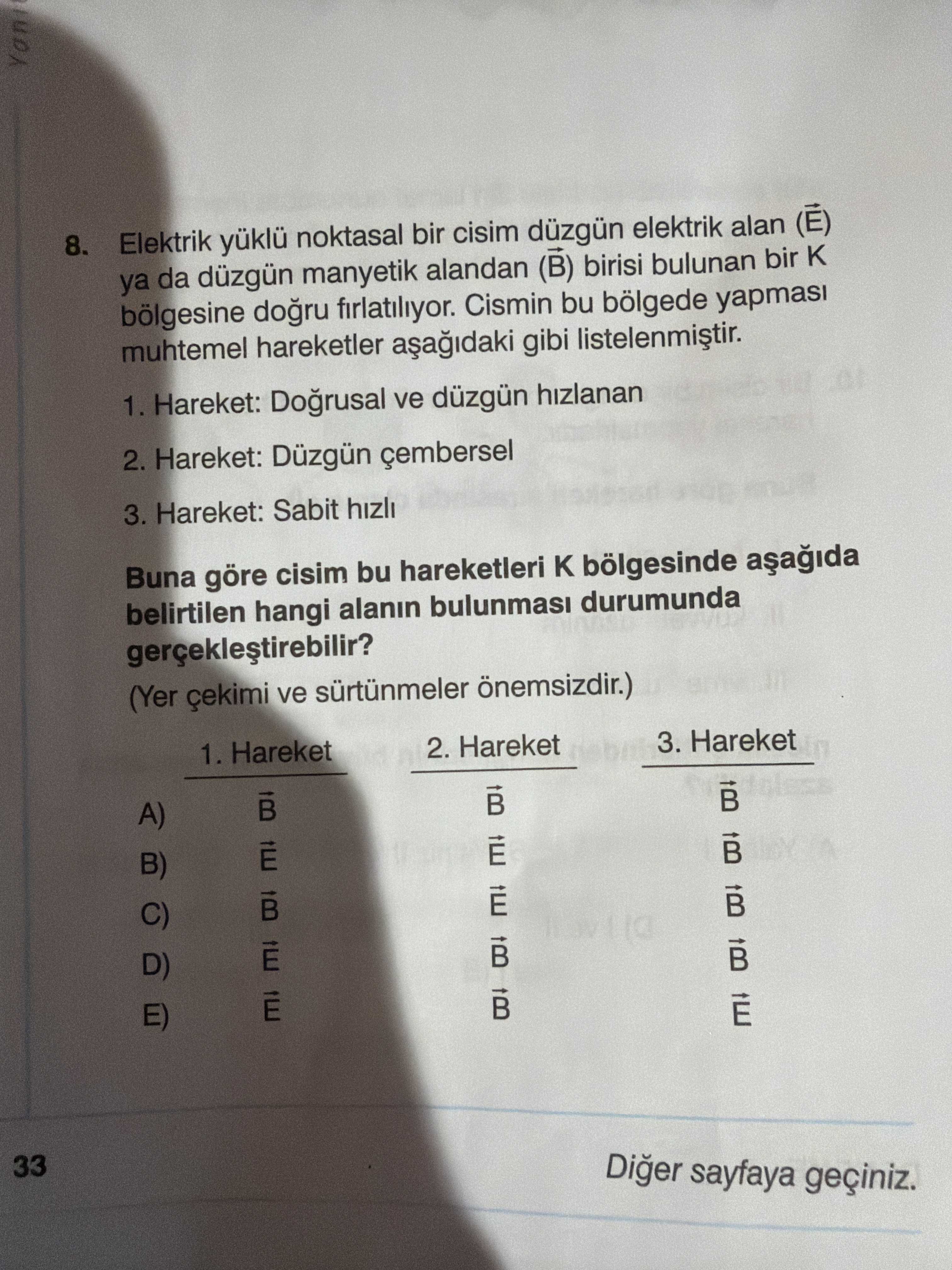 Elektrik yüklü noktasal bir cisim düzgün elektrik alan (Ē) ya da düzgün manyetik alandan (B̄) birisi