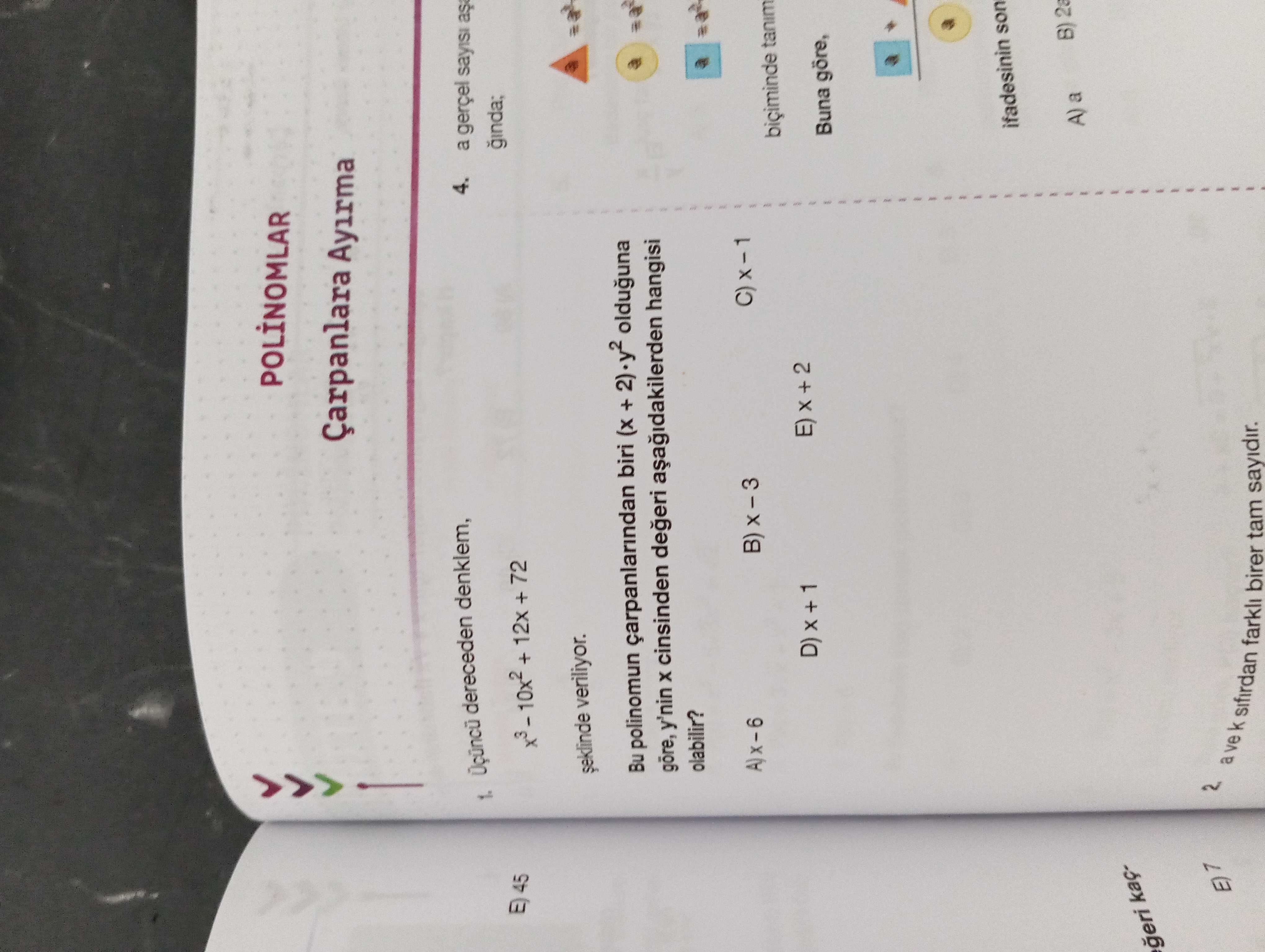 Üçüncü dereceden denklem, x³ - 10x² + 12x + 72 şeklinde veriliyor. Bu polinomun çarpanlarından biri