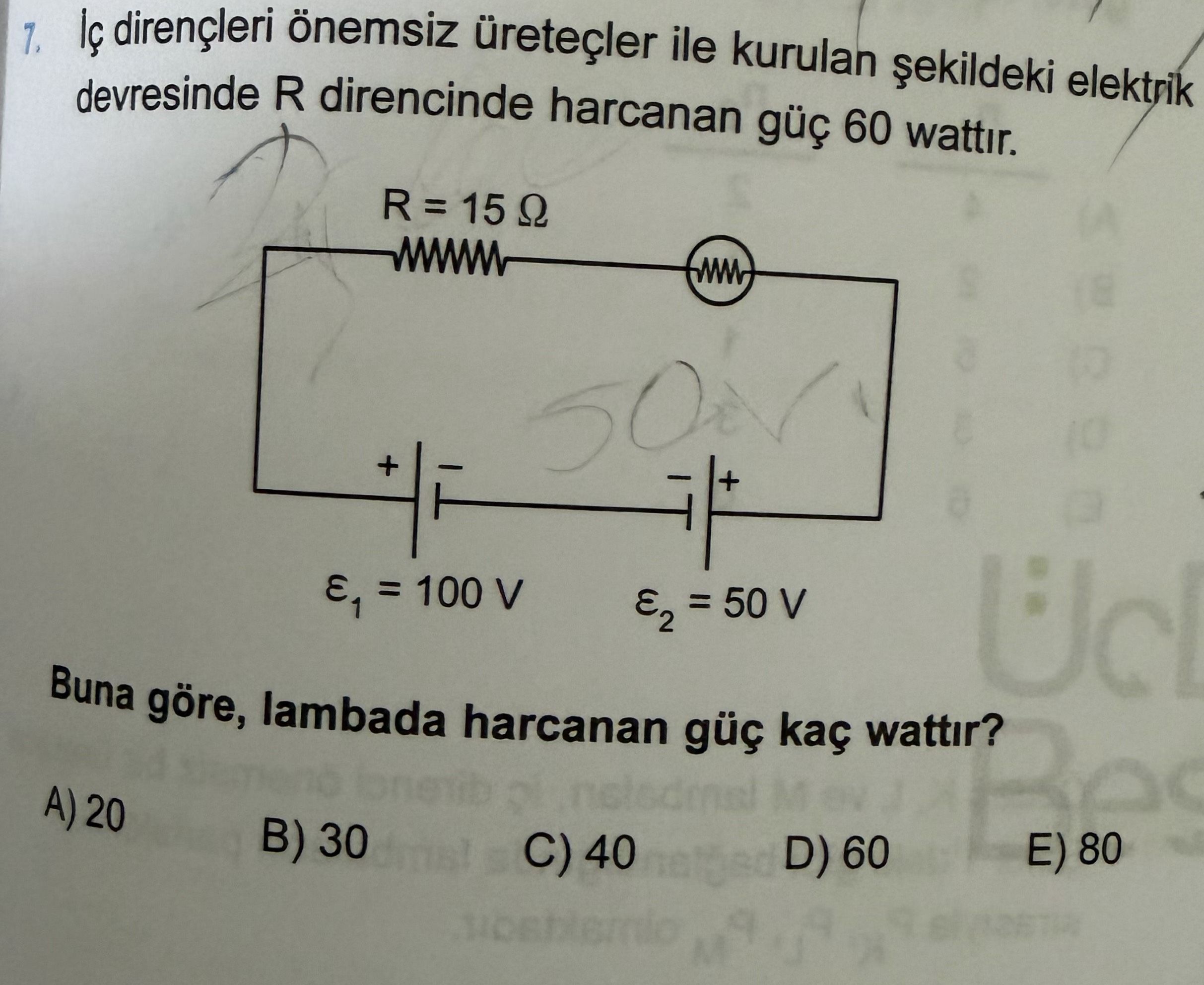 İç dirençleri önemsiz üreteçler ile kurulan şekildeki elektrik devresinde R direncinde harcanan güç