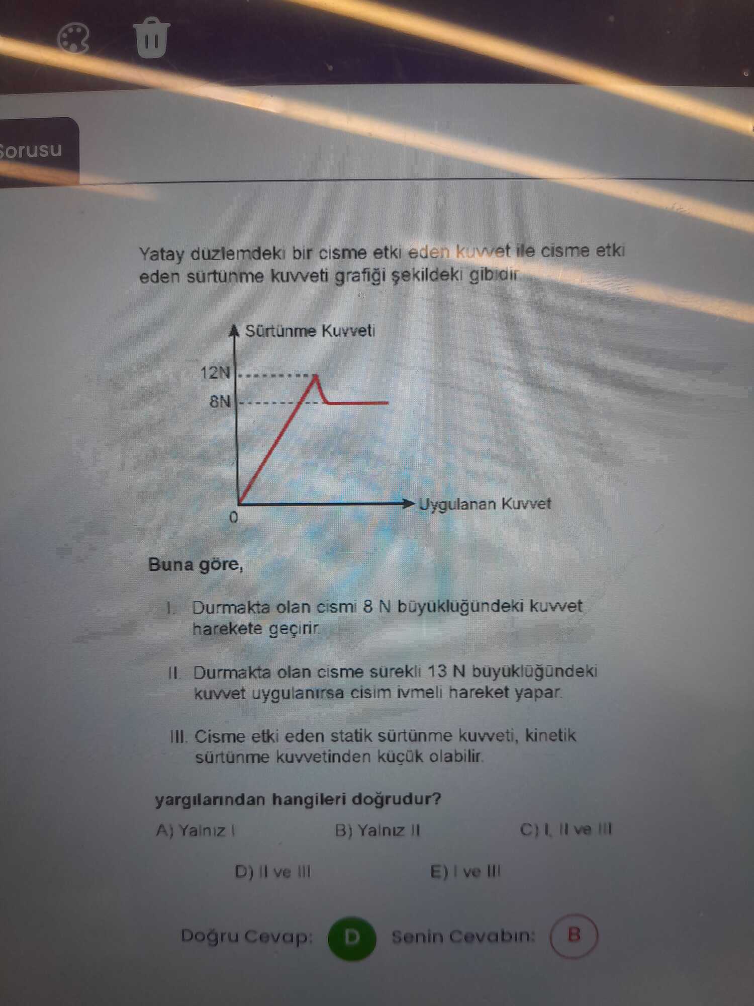 Yatay düzlemdeki bir cisme etki eden kuvvet ile cisme etki eden sürtünme kuvveti grafiği şekildeki