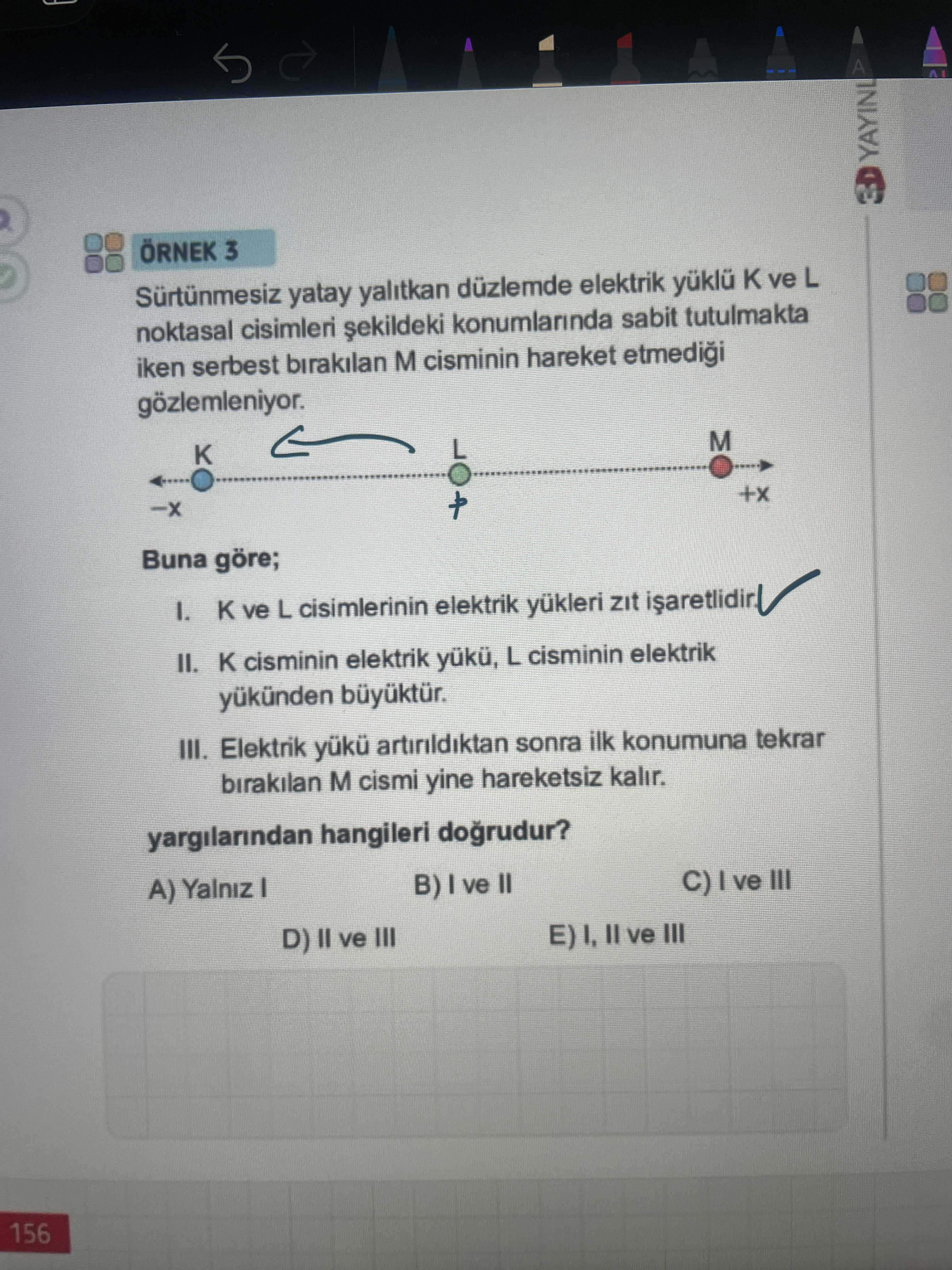 Sürtünmesiz yatay yalıtkan düzlemde elektrik yüklü K ve L noktasal cisimleri şekildeki konumlarında