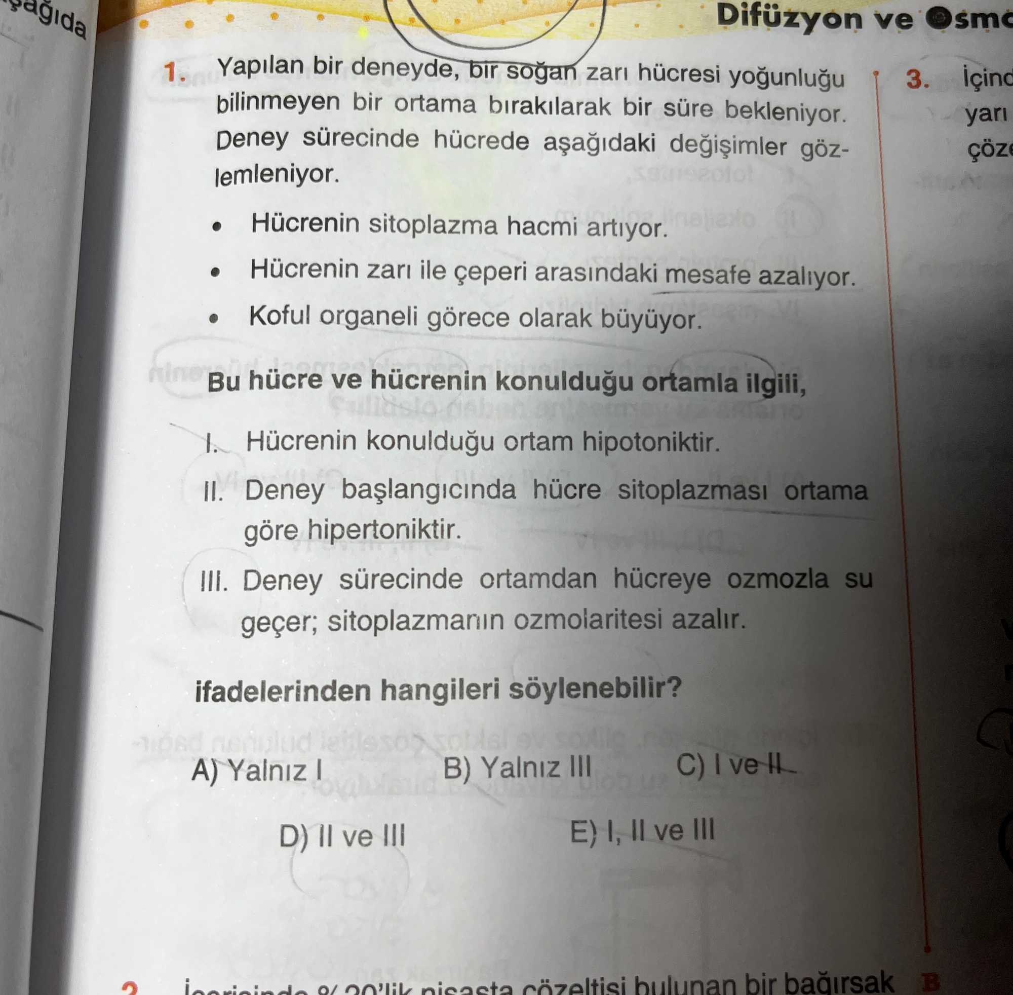 Yapılan bir deneyde, bir soğan zarı hücresi yoğunluğu bilinmeyen bir ortama bırakılarak bir süre