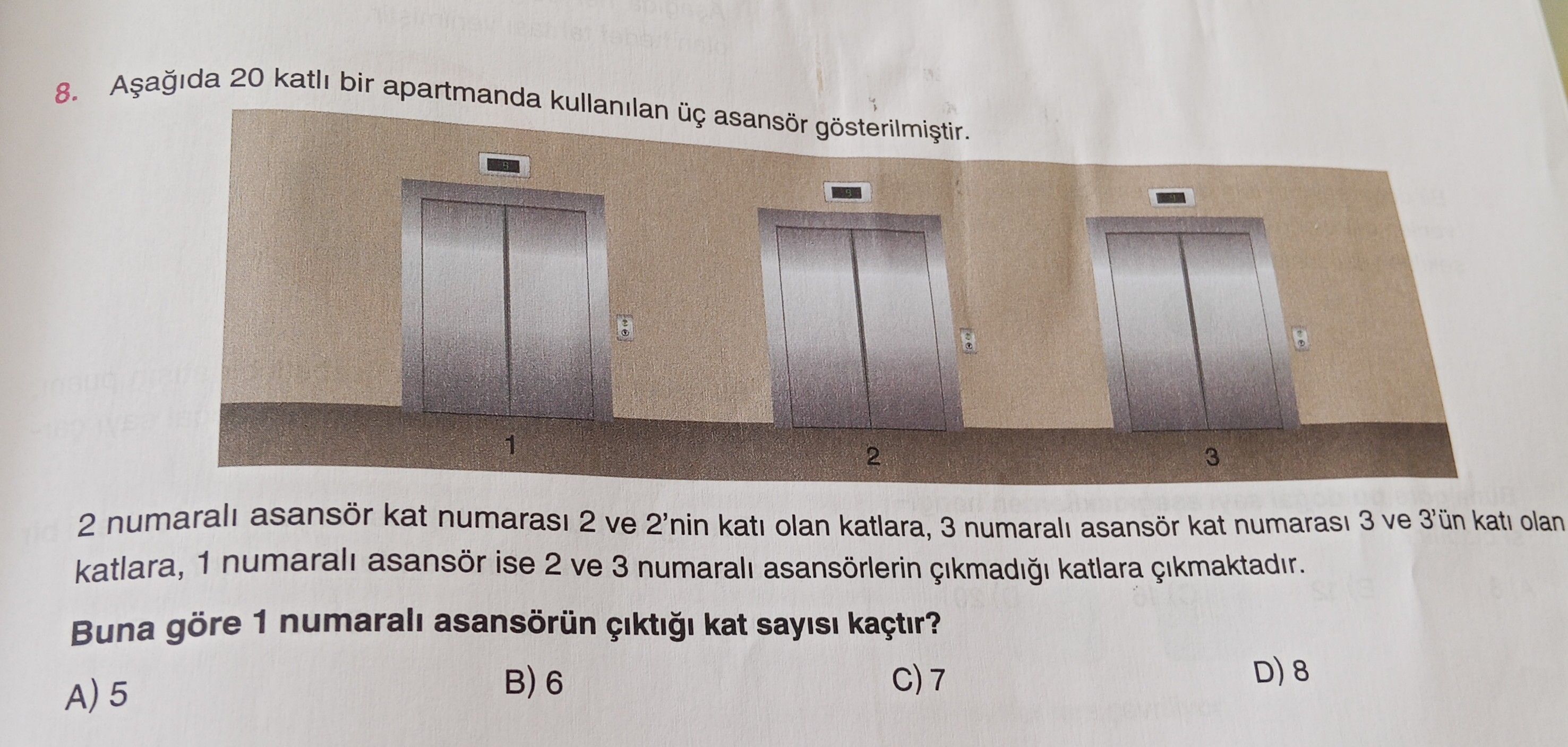 Aşağıda 20 katlı bir apartmanda kullanılan üç asansör gösterilmiştir. 2 numaralı asansör kat