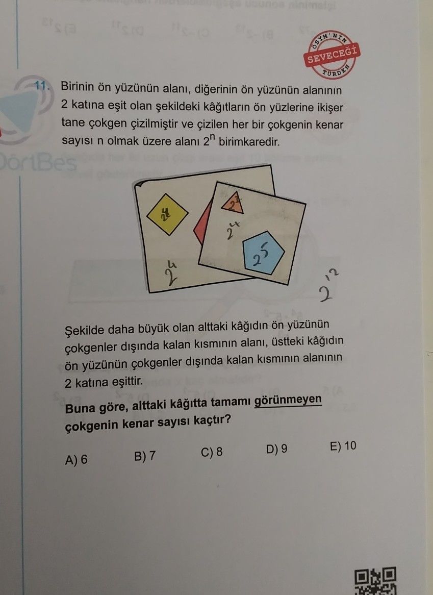 Birinin ön yüzünün alanı, diğerinin ön yüzünün alanının 2 katına eşit olan şekildeki kâğıtların ön