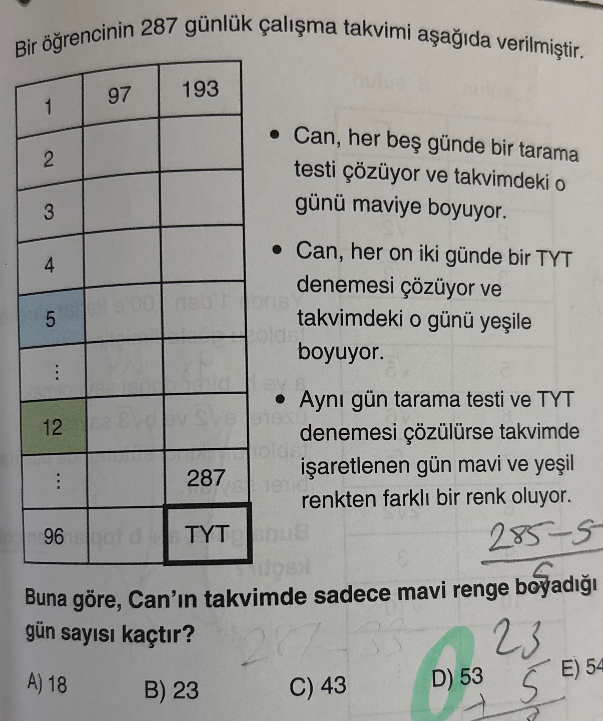 Bir öğrencinin 287 günlük çalışma takvimi aşağıda verilmiştir. • Can, her beş günde bir tarama testi