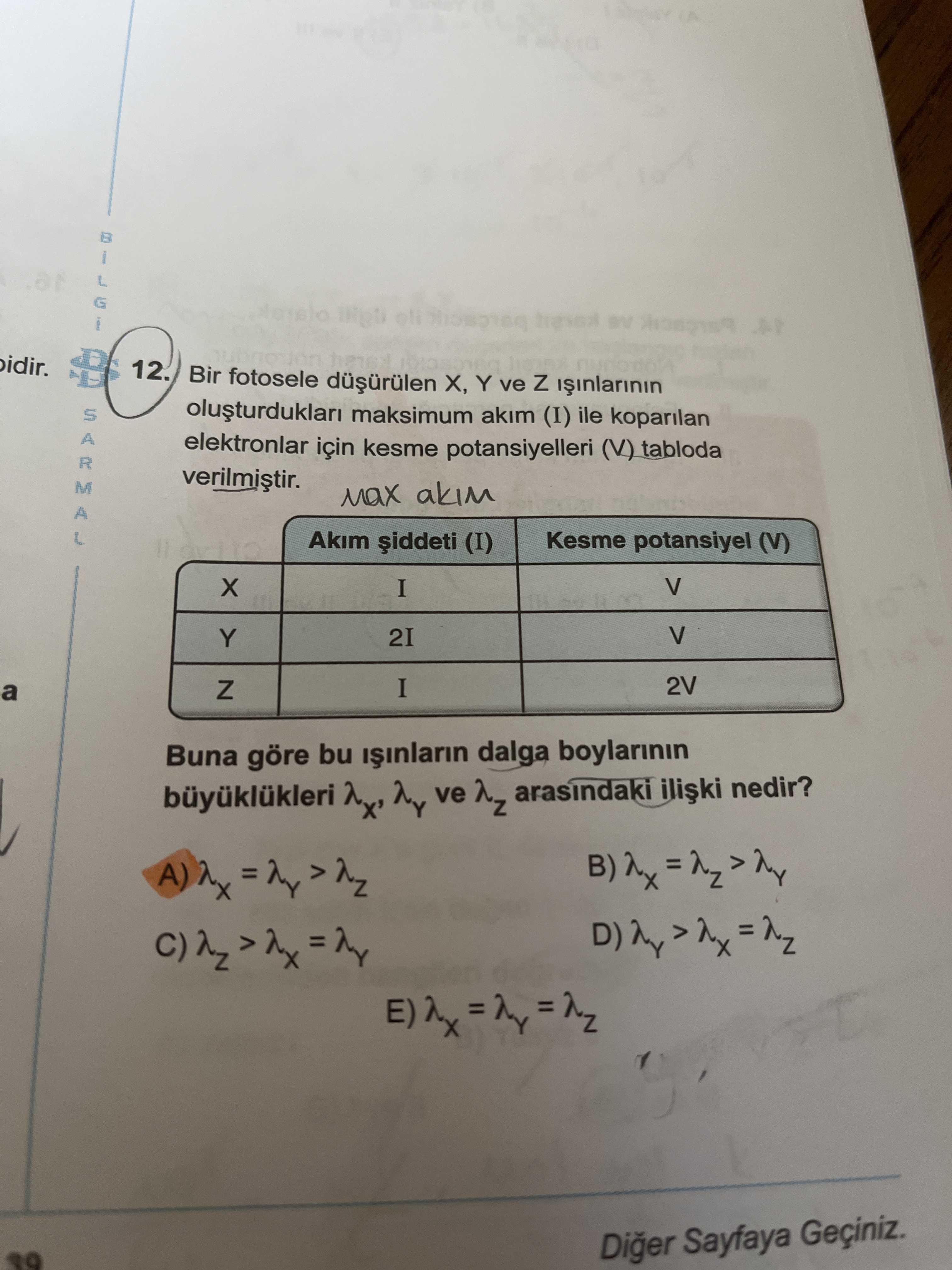 Bir fotosele düşürülen X, Y ve Z ışınlarının oluşturdukları maksimum akım (I) ile koparılan