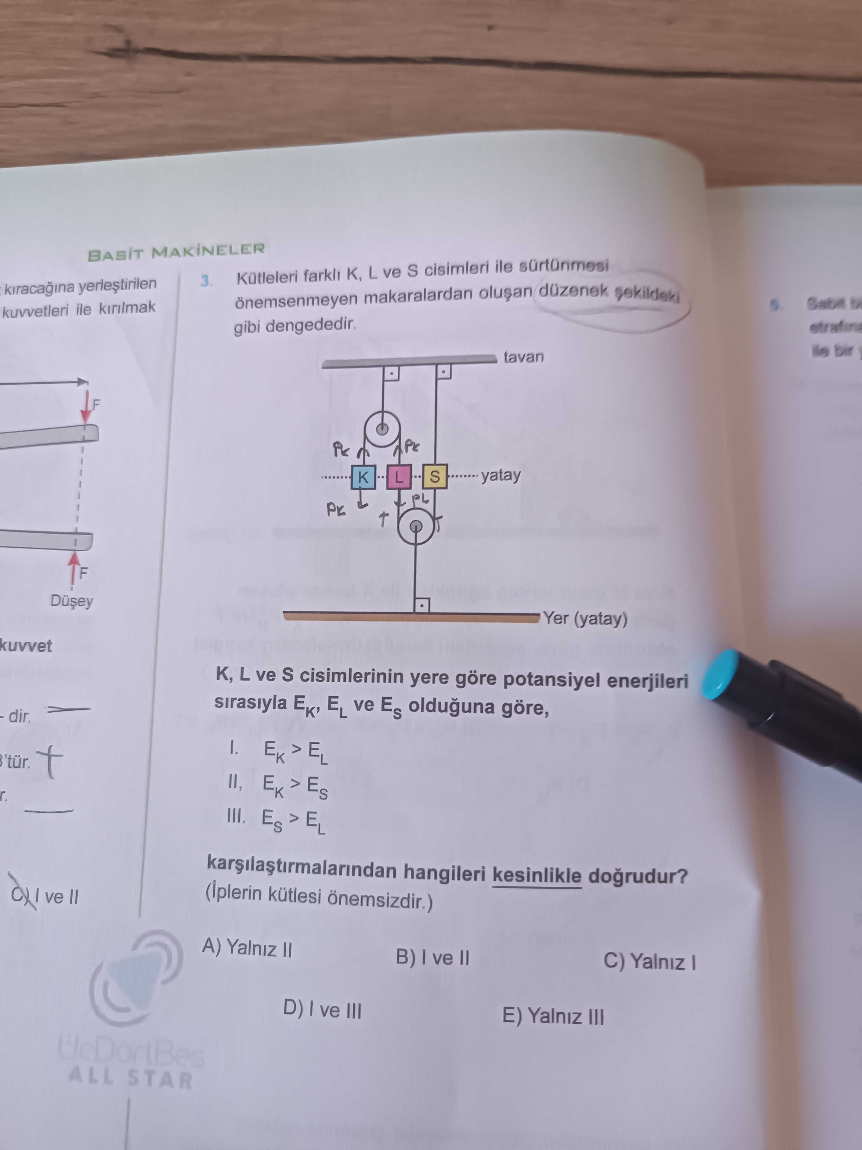 Kütleleri farklı K, L ve S cisimleri ile sürtünmesi önemsenmeyen makaralardan oluşan düzenek