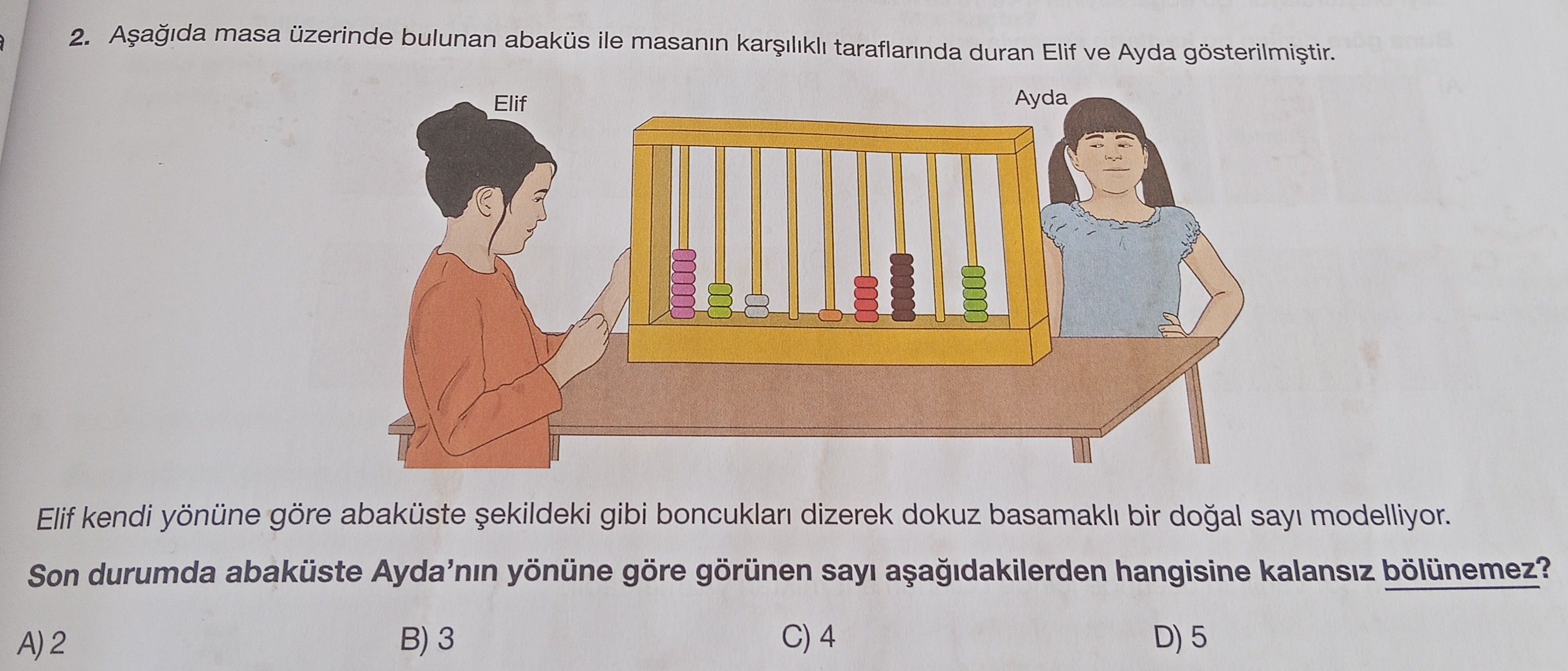 Aşağıda masa üzerinde bulunan abaküs ile masanın karşılıklı taraflarında duran Elif ve Ayda