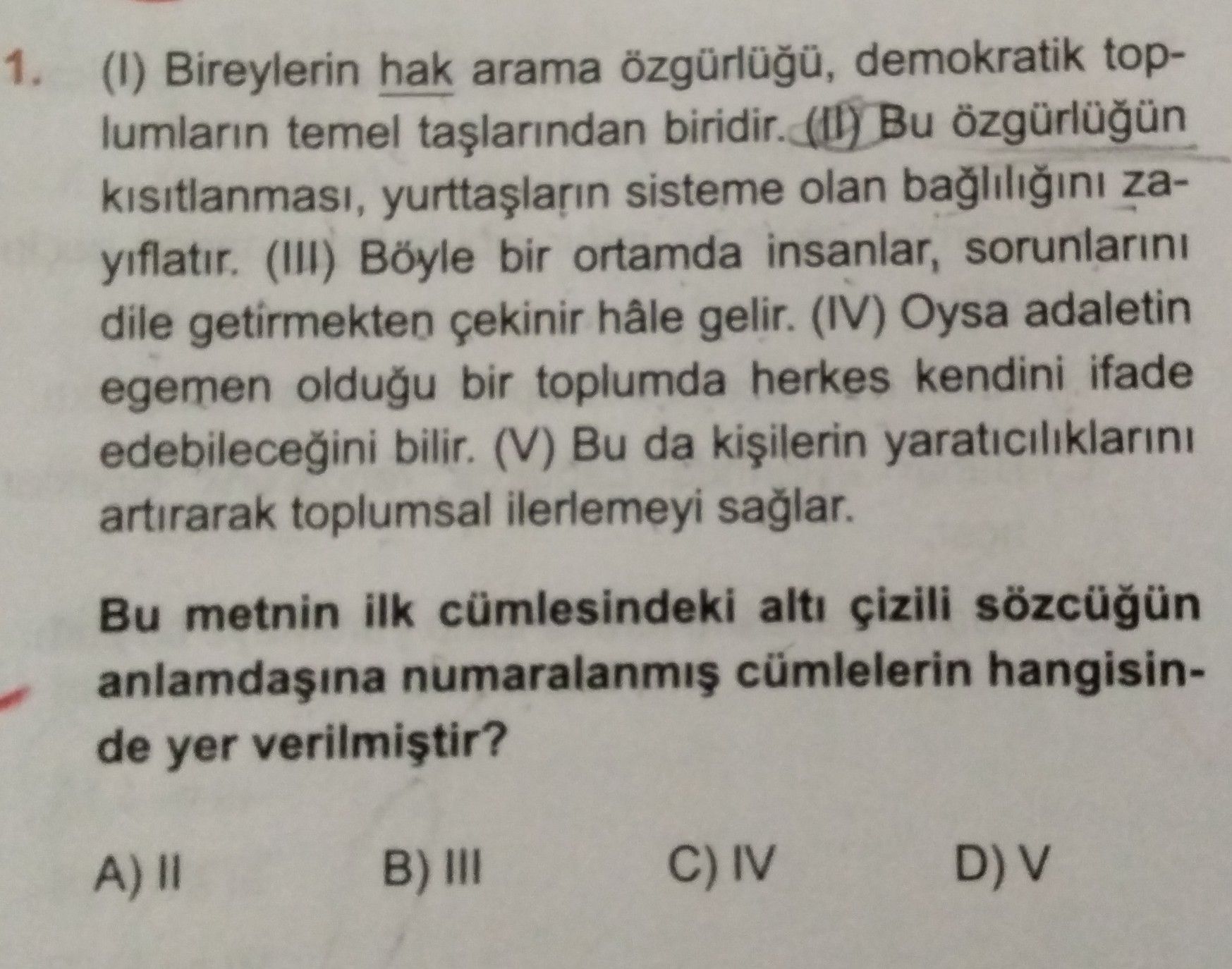 (I) Bireylerin hak arama özgürlüğü, demokratik toplumların temel taşlarından biridir. (II) Bu