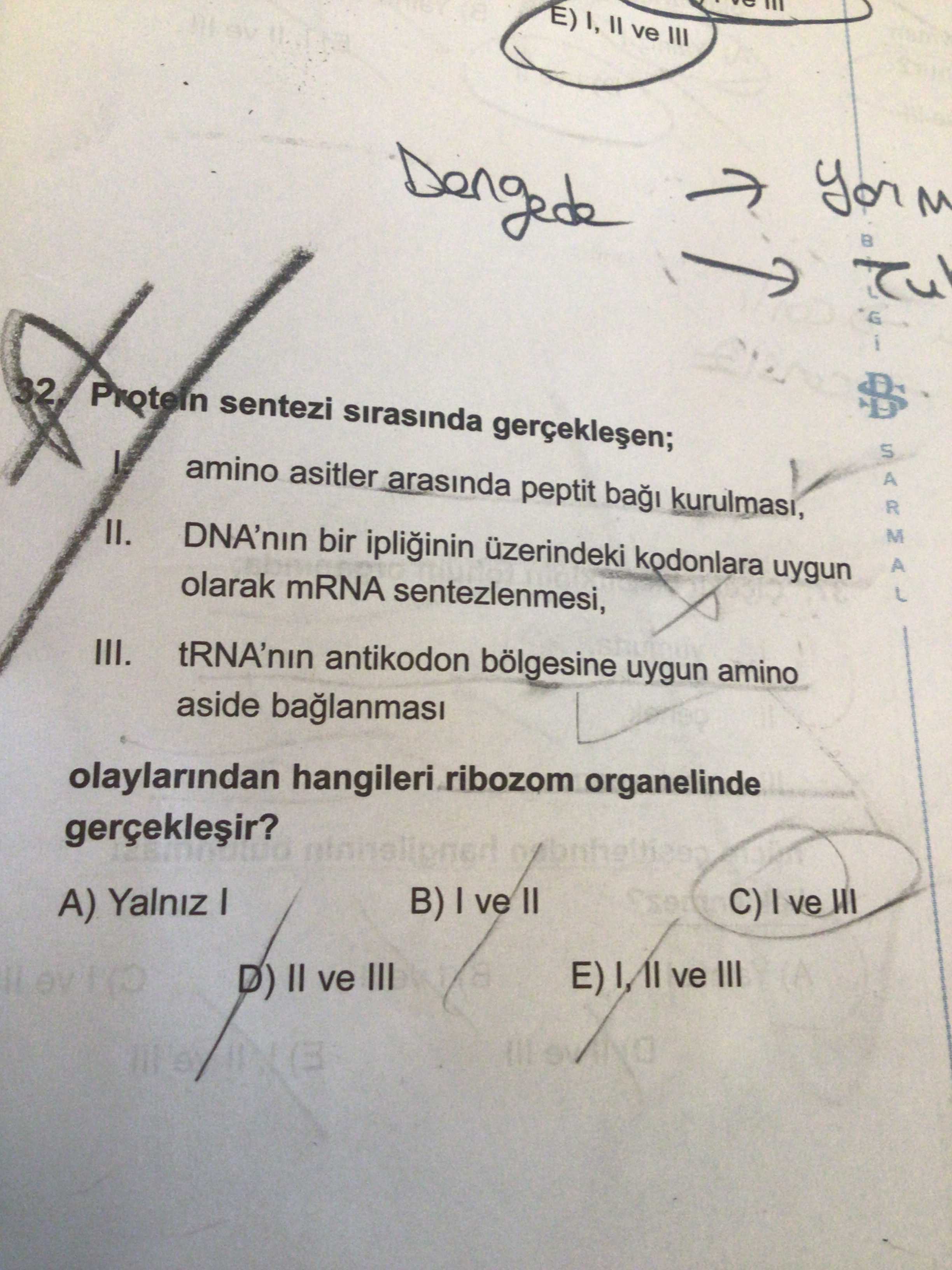 Protein sentezi sırasında gerçekleşen; I. amino asitler arasında peptit bağı kurulması, II. DNA'nın