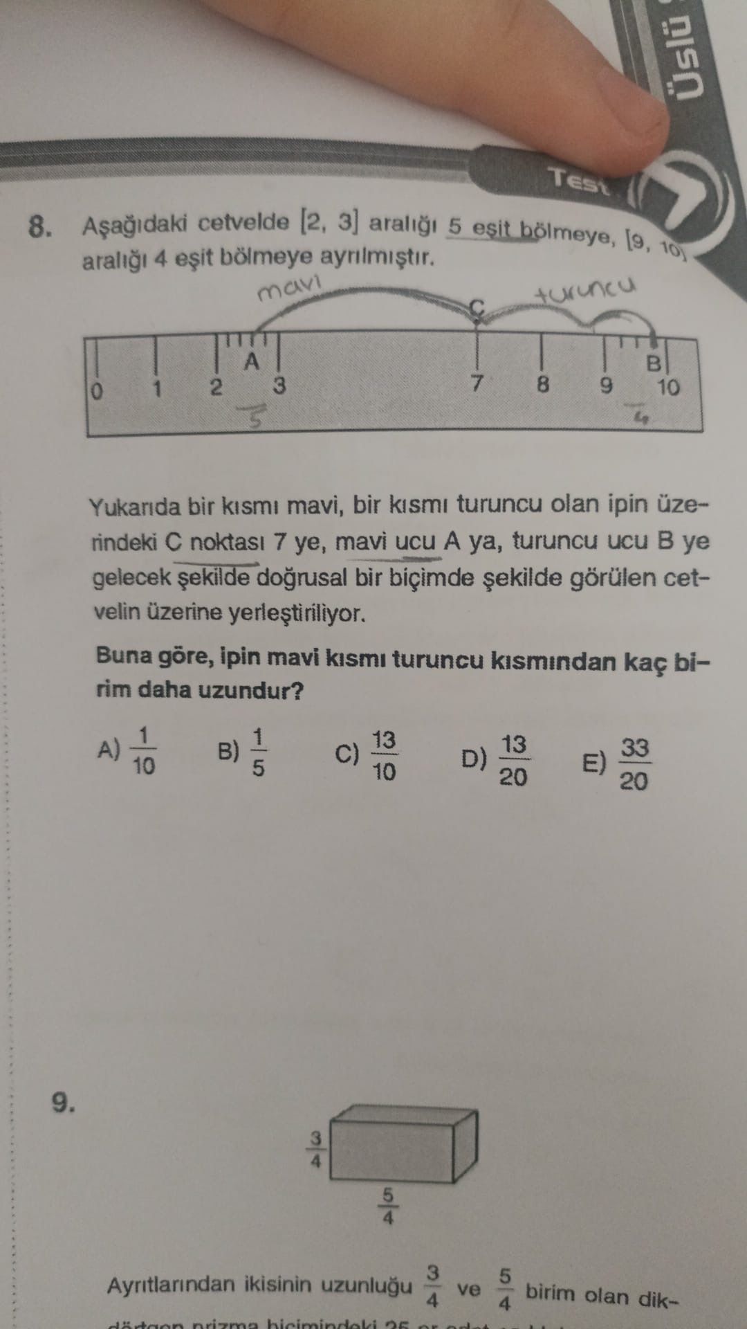 aralığı 5 eşit bölüme, [9,10] aralığı 4 eşit bölüme ayrılmış; A noktası mavi yay ile C noktasına, C