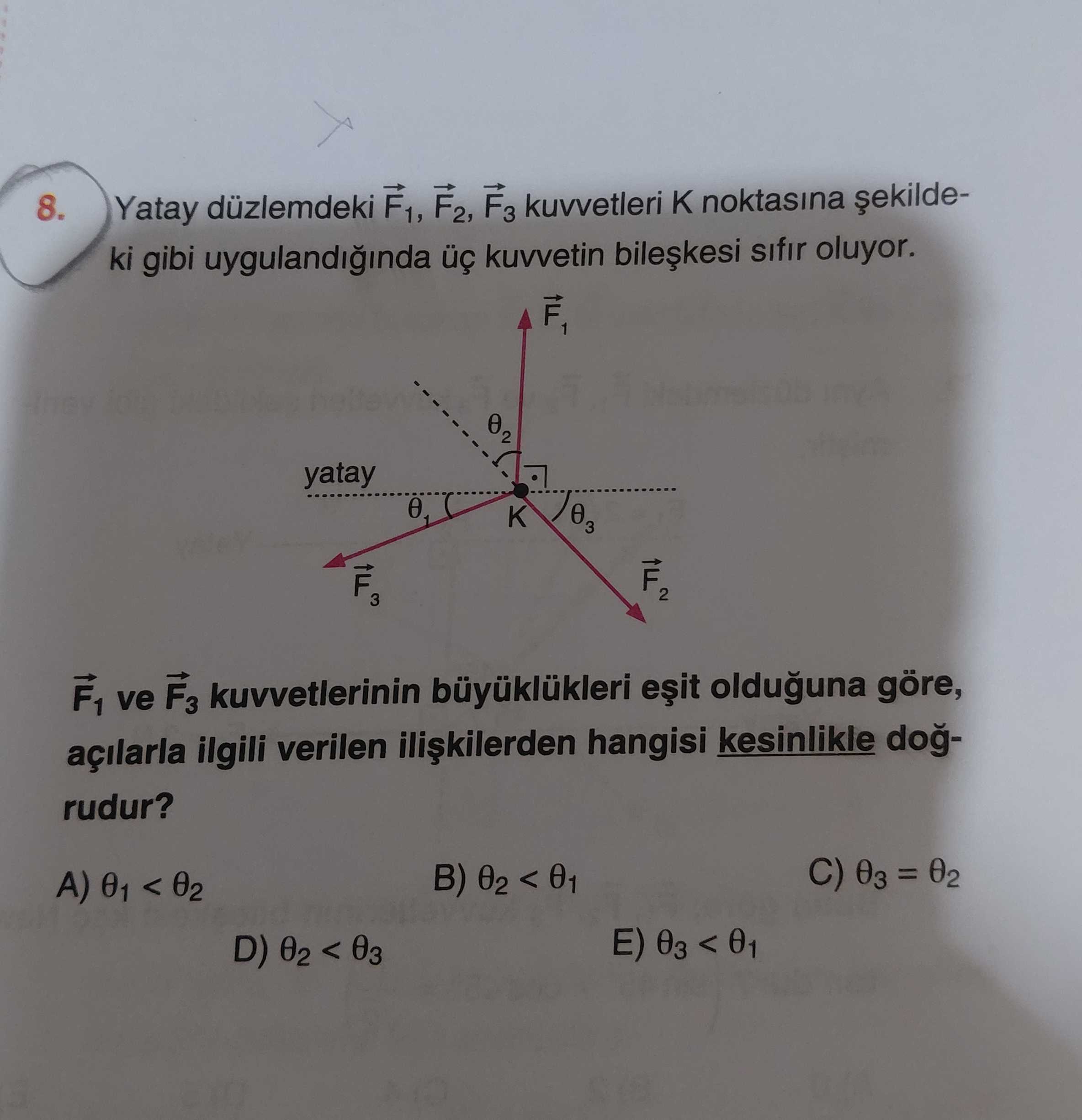 8. Yatay düzlemdeki F1, F2, F3 kuvvetleri noktasina ki gibi kuvvetin sifir oluyor. yatay K F1 ve F3 kuvvetlerinin olduguna göre