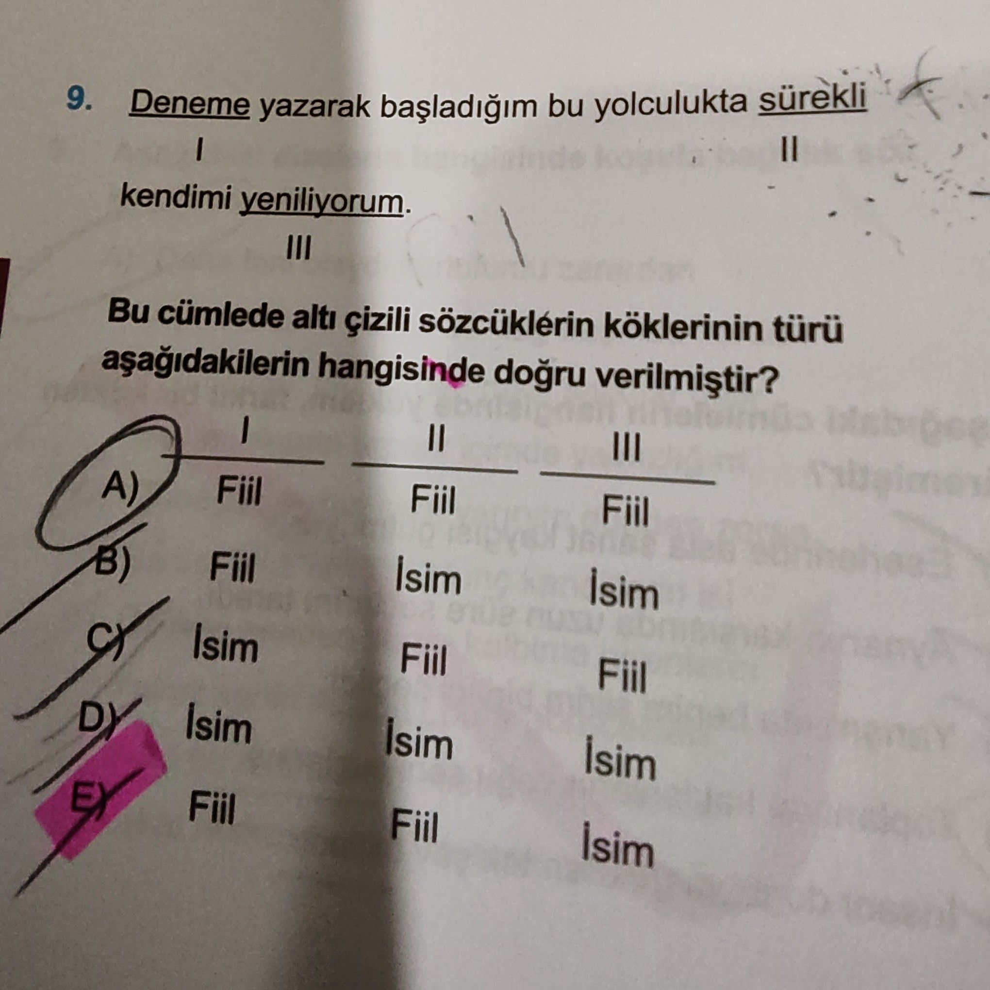 Deneme yazarak başladığım bu yolculukta sürekli I II kendimi yeniliyorum. III Bu cümlede altı çizili