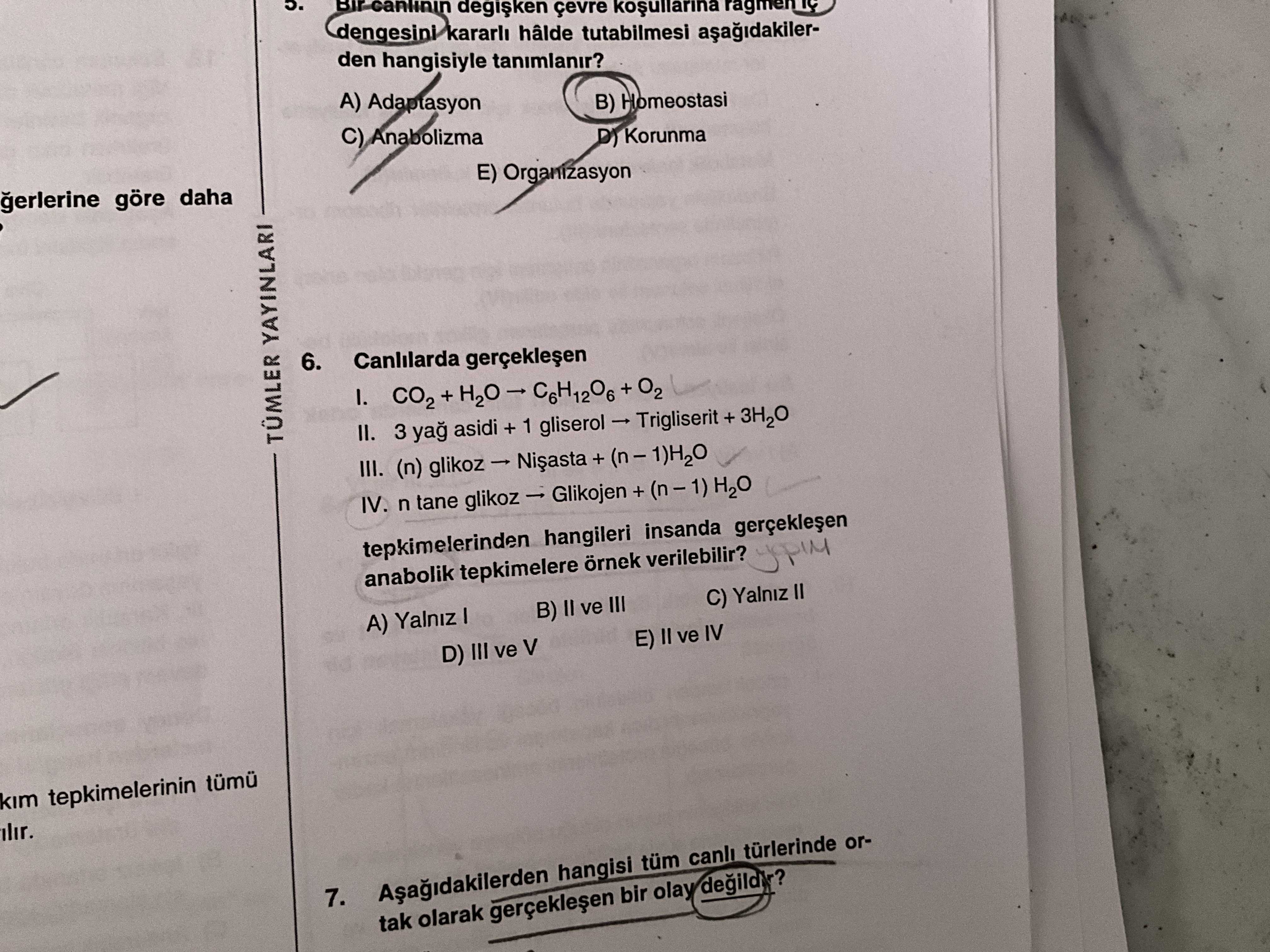 Canlılarda gerçekleşen I. CO₂ + H₂O → C₆H₁₂O₆ + O₂ II. 3 yağ asidi + 1 gliserol → Trigliserit + 3H₂O
