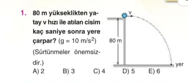 80 m yükseklikten yatay v hızı ile atılan cisim kaç saniye sonra yere çarpar? (g = 10 m/s²)