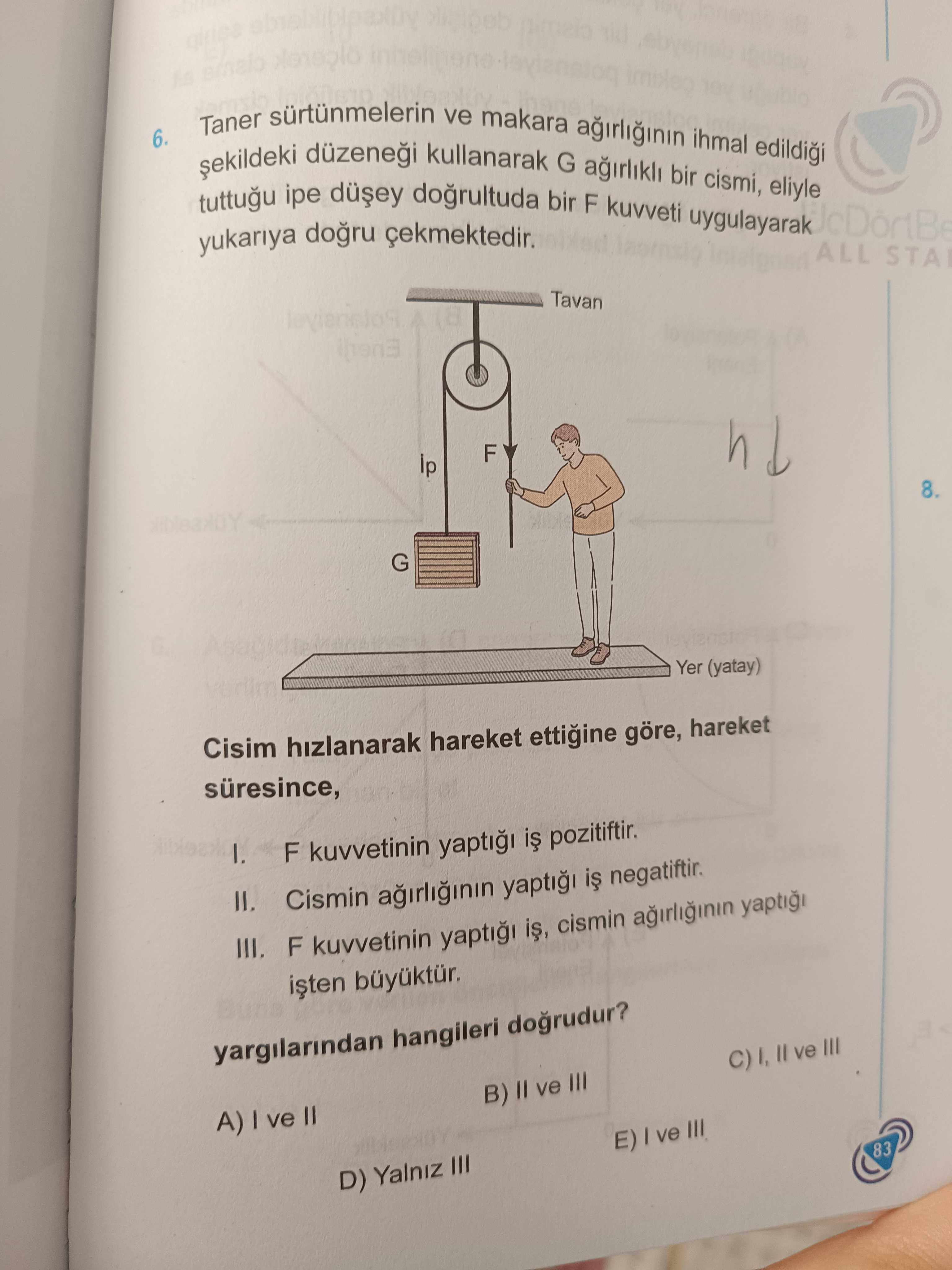 Taner sürtünmelerin ve makara ağırlığının ihmal edildiği şekildeki düzeneği kullanarak G ağırlıklı