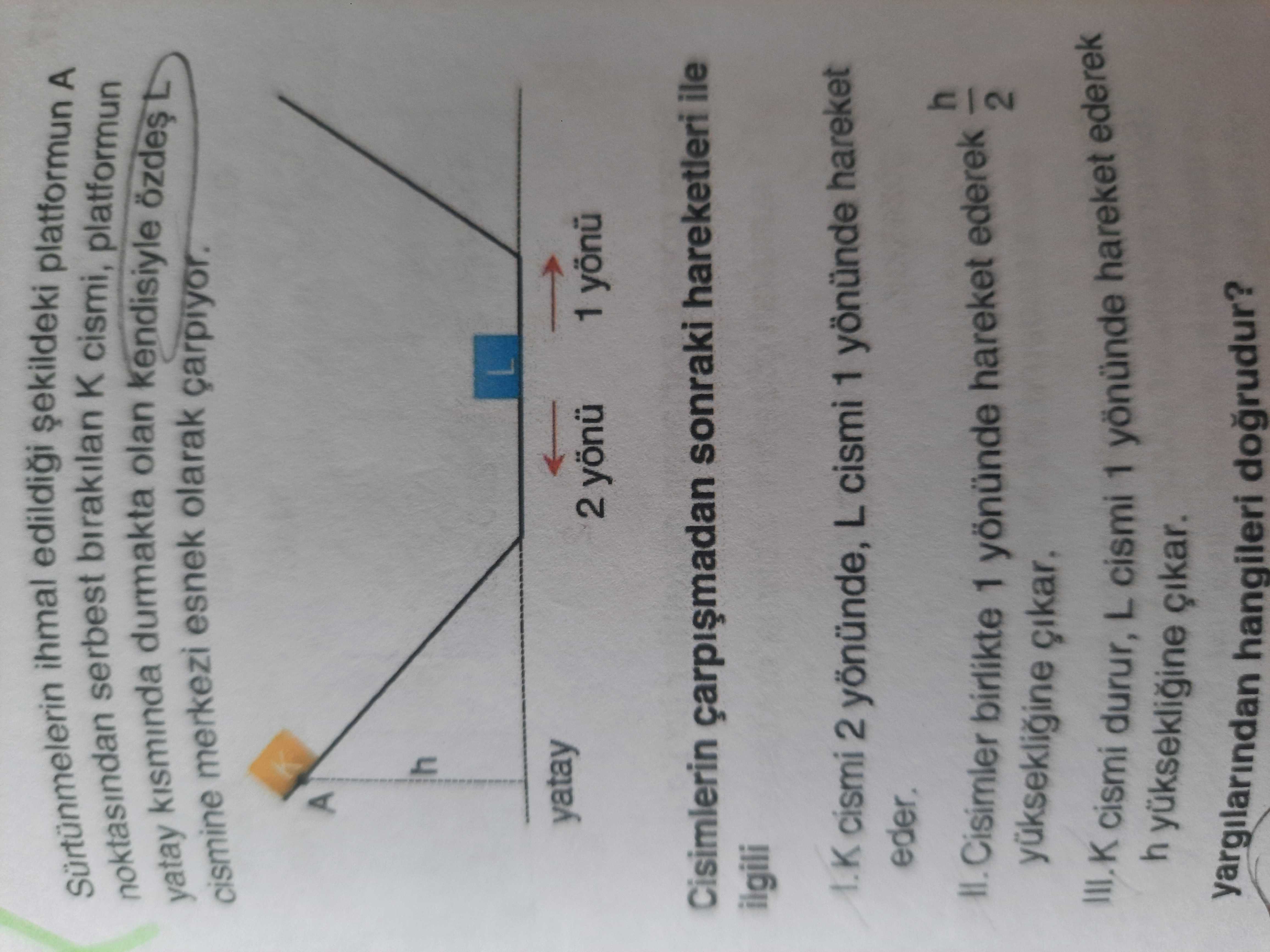 Sürtünmelerin ihmal edildiği şekildeki platformun A noktasından serbest bırakılan K cismi