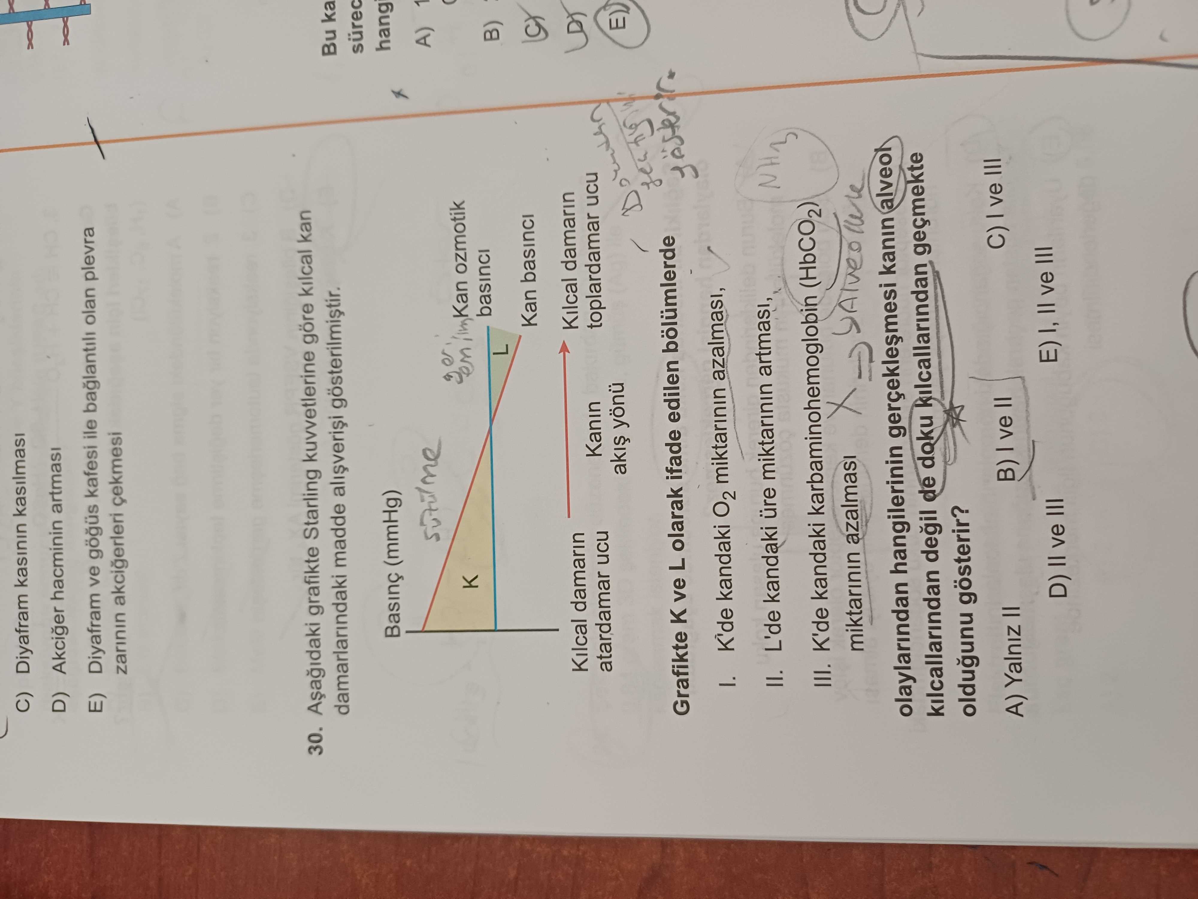 Aşağıdaki grafikte Starling kuvvetlerine göre kılcal kan damarlarındaki madde alışverişi