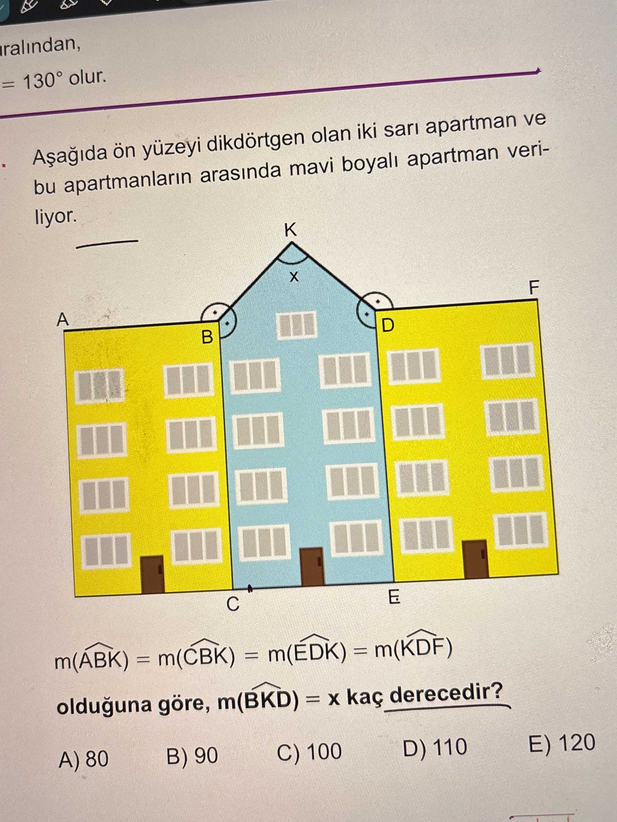 Aşağıda ön yüzeyi dikdörtgen olan iki sarı apartman ve bu apartmanların arasında mavi boyalı