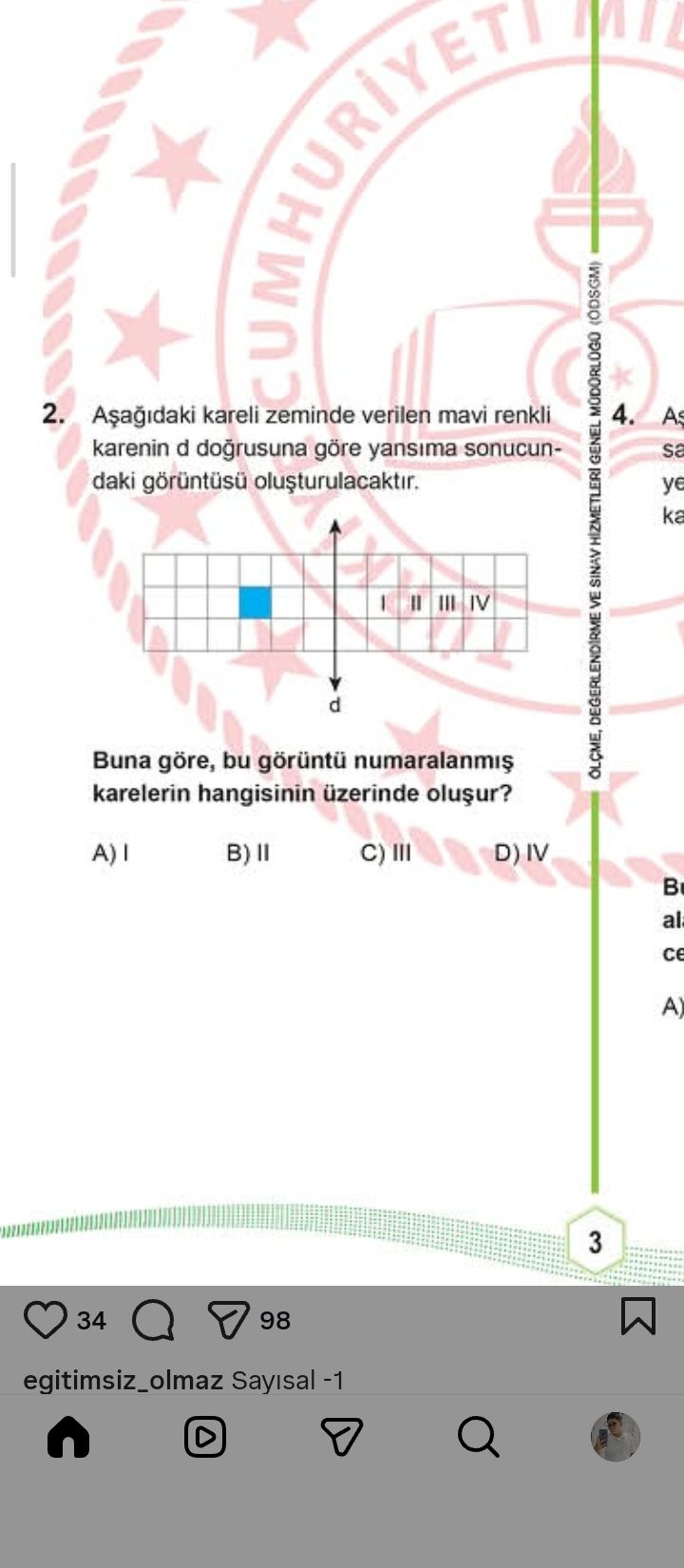 Aşağıdaki kareli zeminde verilen mavi renkli karenin d doğrusuna göre yansıma sonucundaki görüntüsü