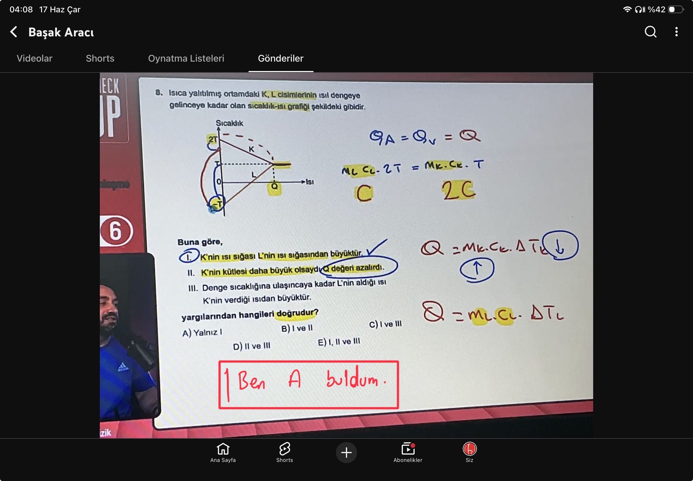 Isıca yalıtılmış ortamdaki K, L cisimlerinin ısıl dengeye gelinceye kadar olan sıcaklık-ısı grafiği