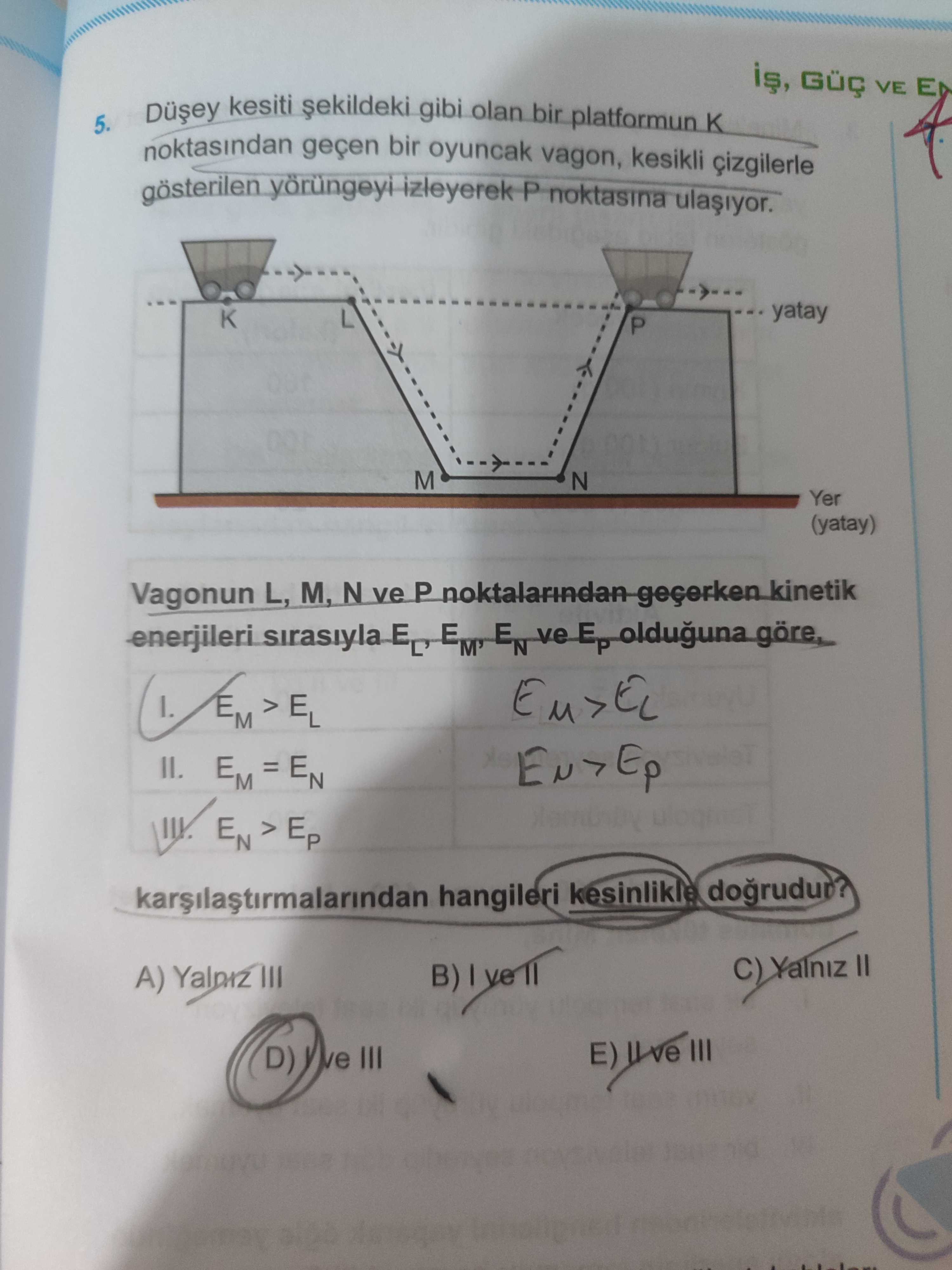 Düşey kesiti şekildeki gibi olan bir platformun K noktasından geçen bir oyuncak vagon, kesikli