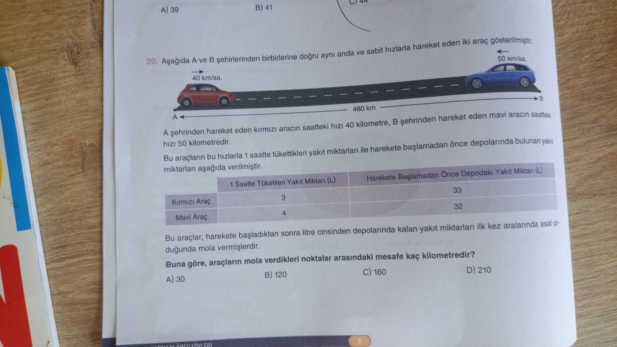 Aşağıda A ve B şehirlerinden birbirlerine doğru aynı anda ve sabit hızlarla hareket eden iki araç