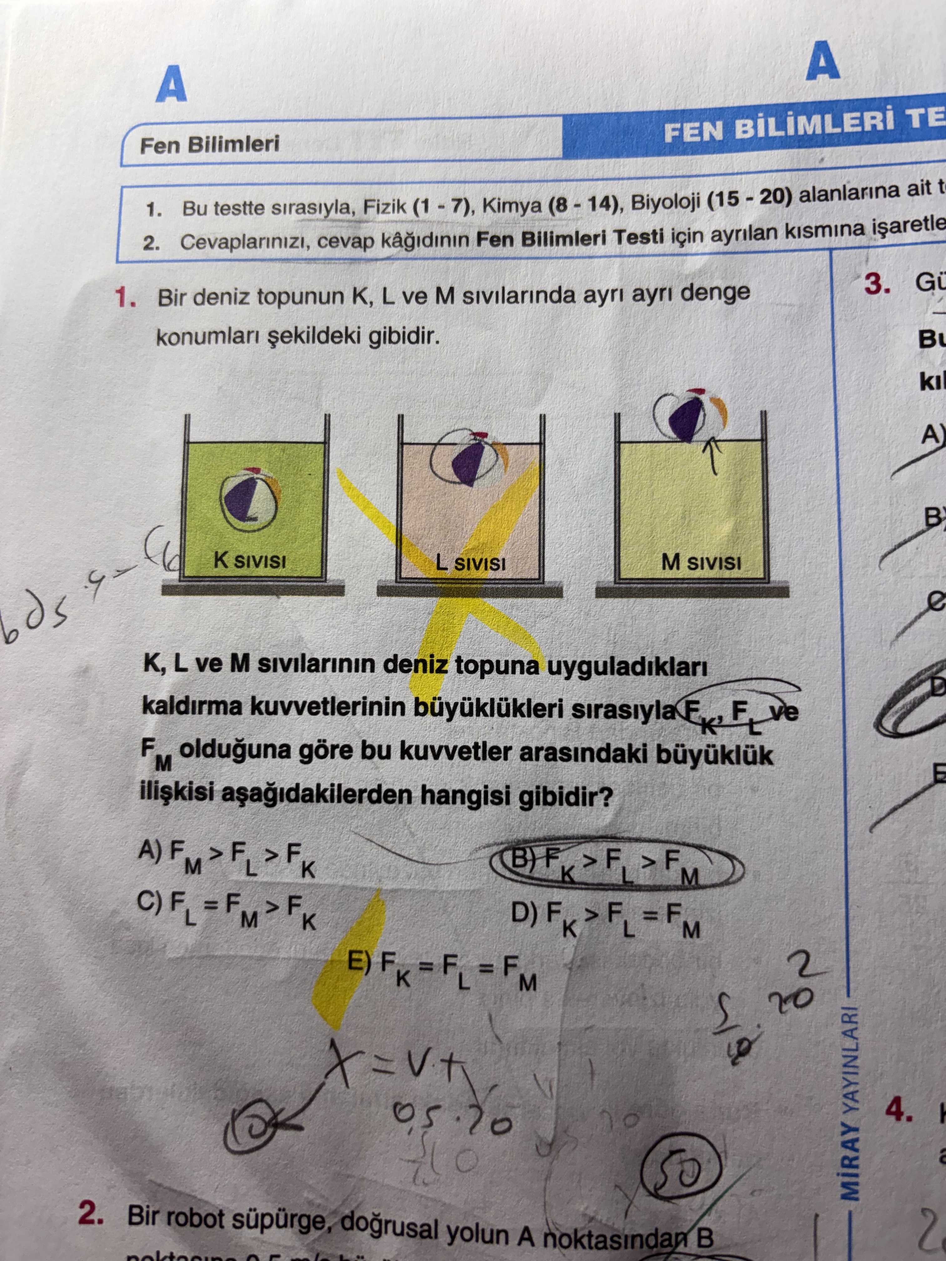 Bir deniz topunun K, L ve M sıvılarında ayrı ayrı denge konumları şekildeki gibidir. K, L ve M