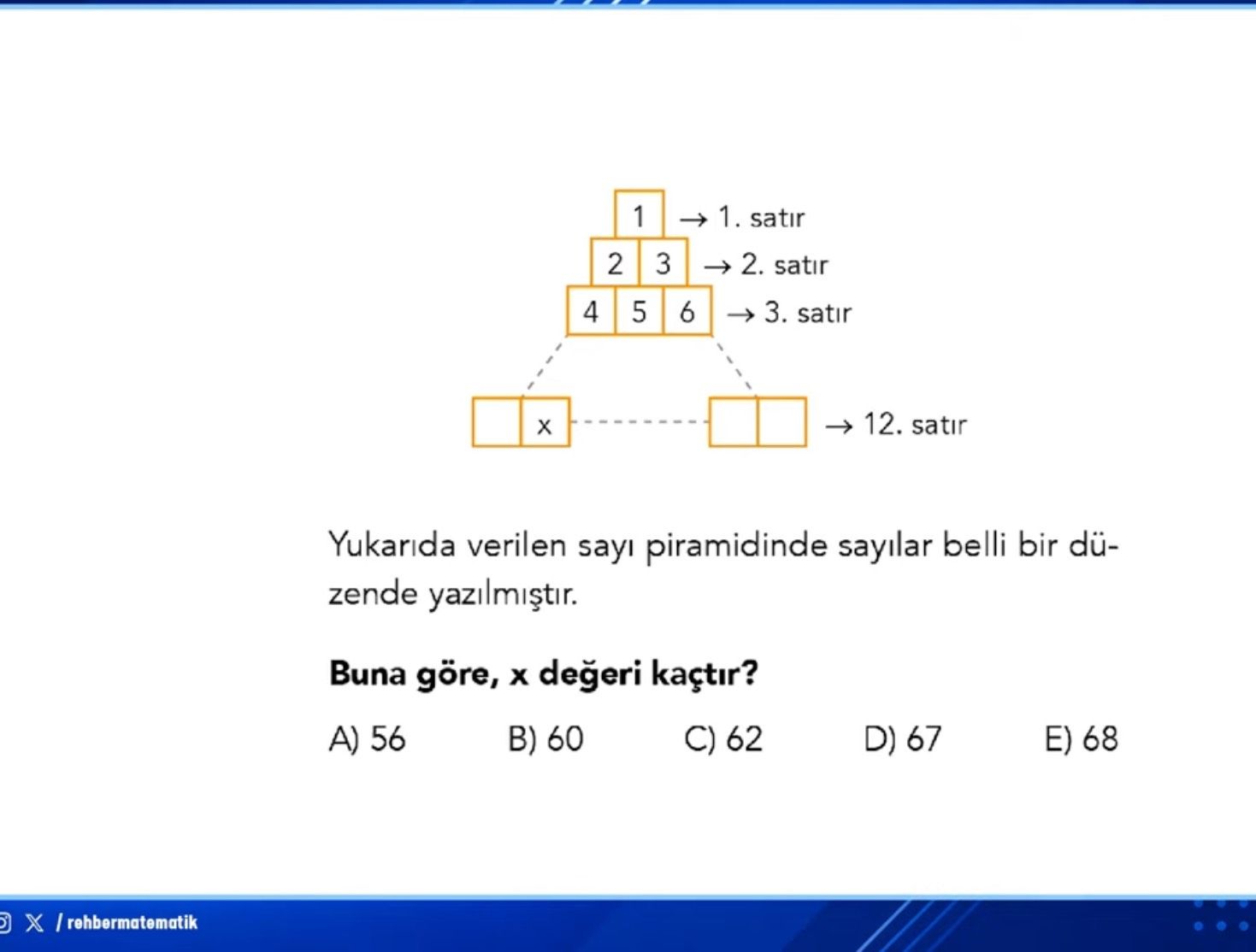 Yukarıda verilen sayı piramidinde sayılar belli bir düzende yazılmıştır. Buna göre, x değeri kaçtır?