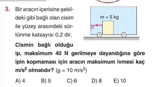 Bir aracın içerisine şekildeki gibi bağlı olan cisim ile yüzey arasındaki sürtünme katsayısı 0,2