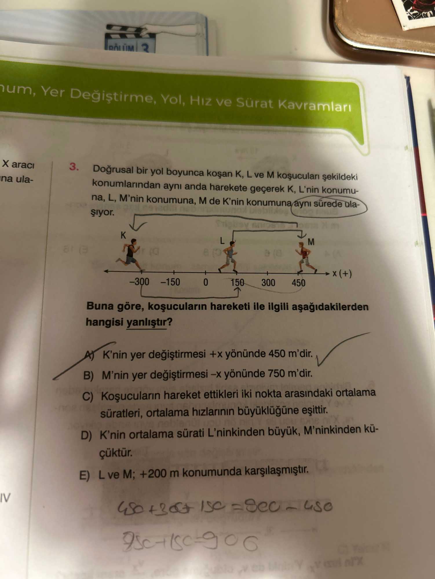 Doğrusal bir yol boyunca koşan K, L ve M koşucuları şekildeki konumlarından aynı anda harekete